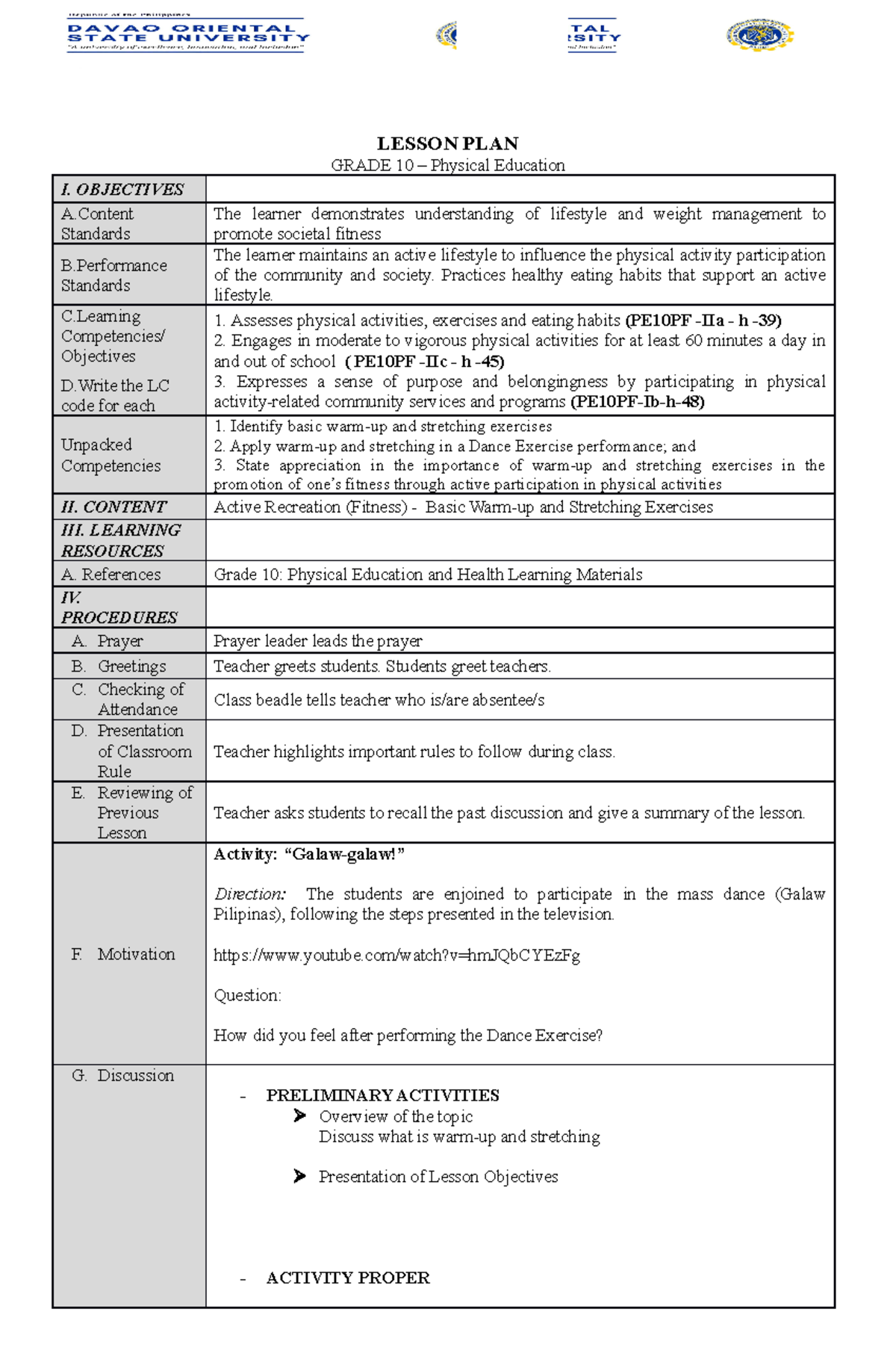 Fs Lp 8 Semi Detailed Lesson Plan Lesson Plan Grade 10 Physical Education I Objectives A 7517