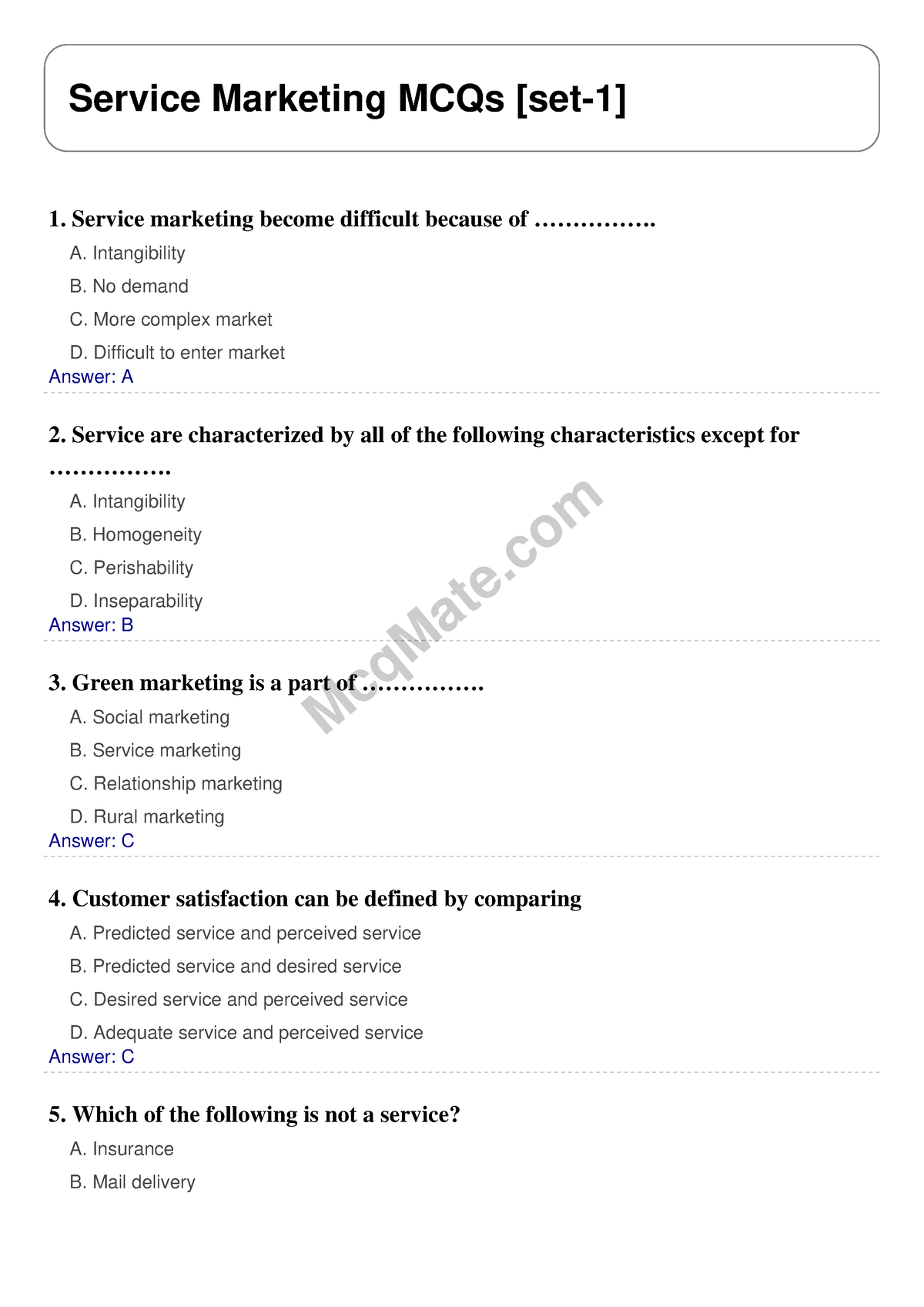 Service Marketing Solved MCQs [set-1] Mcq Mate.com - MBA Executive ...