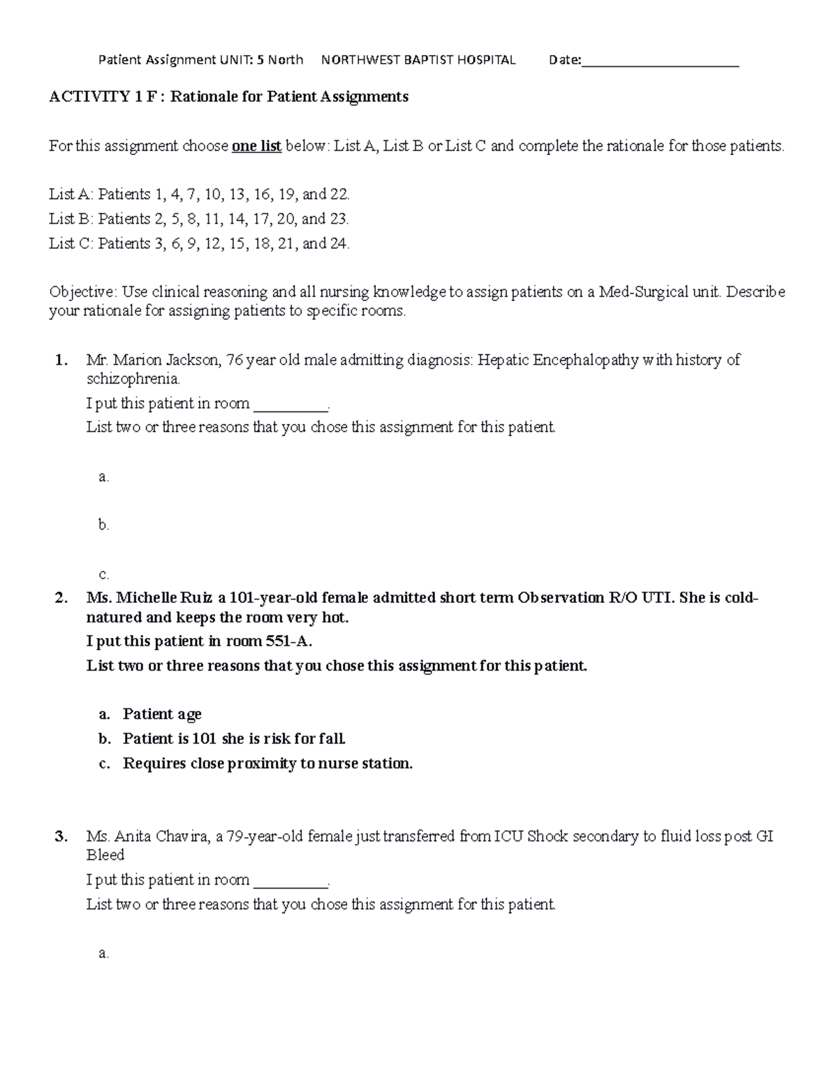 Activity 1F Complete - HOMEWORK - ACTIVITY 1 F : Rationale for Patient ...