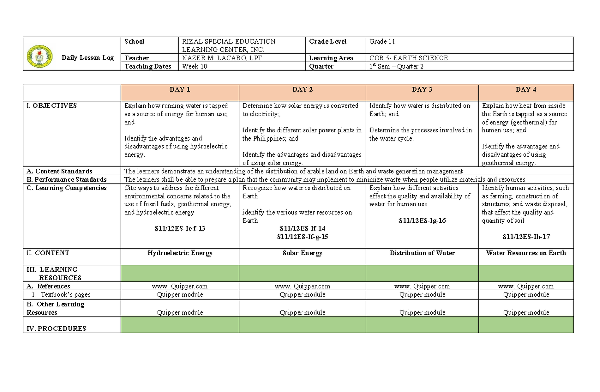 COR 5 WEEK 10 - Daily Lesson Log School RIZAL SPECIAL EDUCATION ...