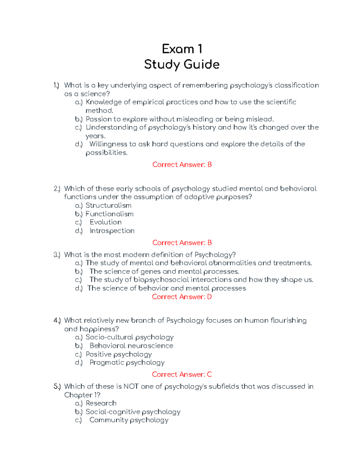 General Psychology Study Guide for Exam 1 (Chapters 1,2,7) - Exam 1 ...