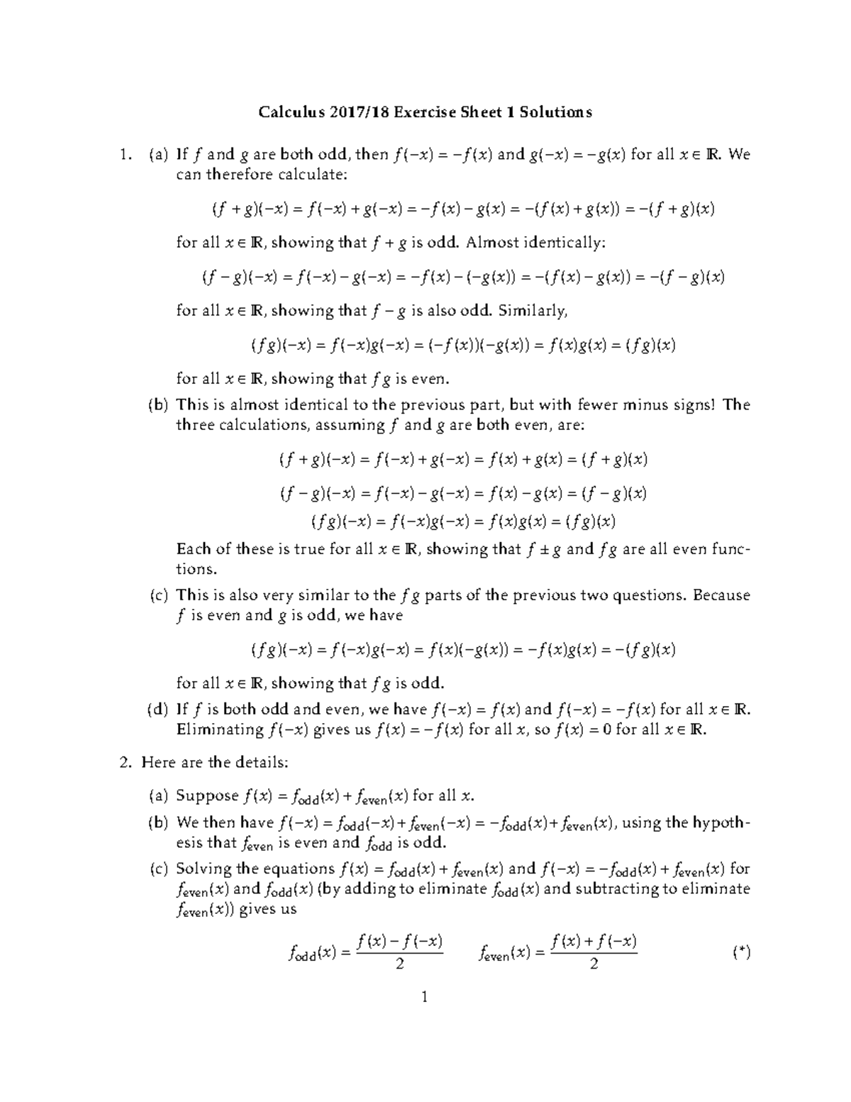 Calculus solutions 01 - Calculus 2017/18 Exercise Sheet 1 Solutions (a ...