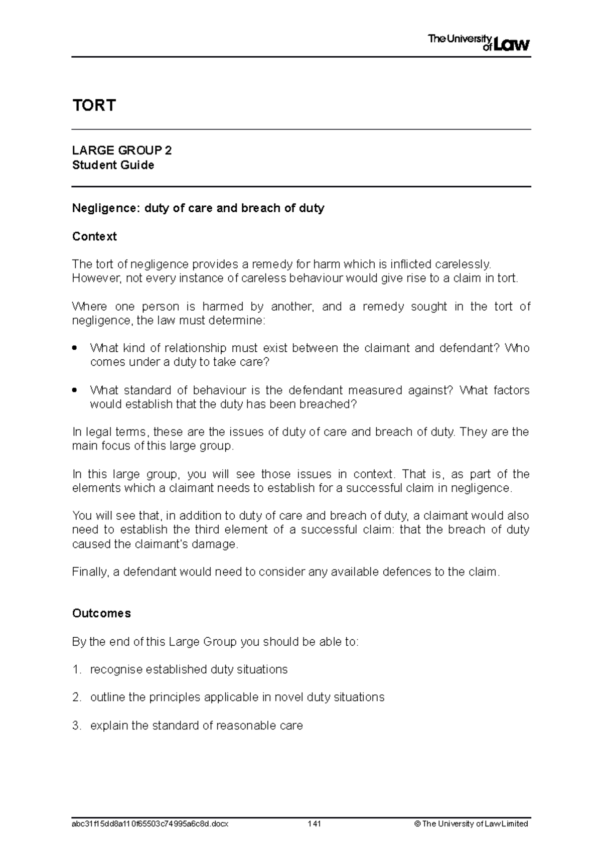 LG2 - student guide - Lecture notes 2 - TORT LARGE GROUP 2 Student ...
