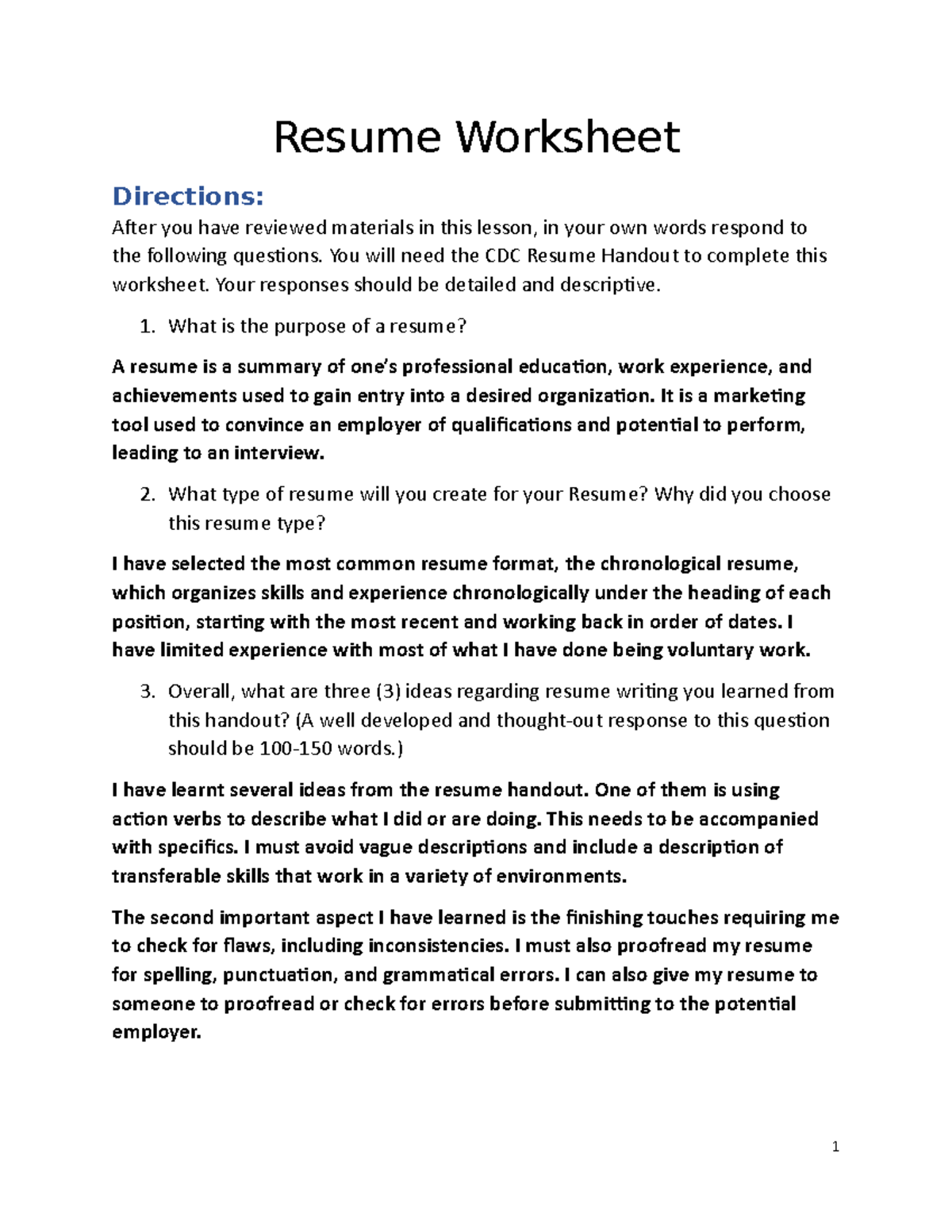 Resume-Worksheet - revision materials - Resume Worksheet Directions ...