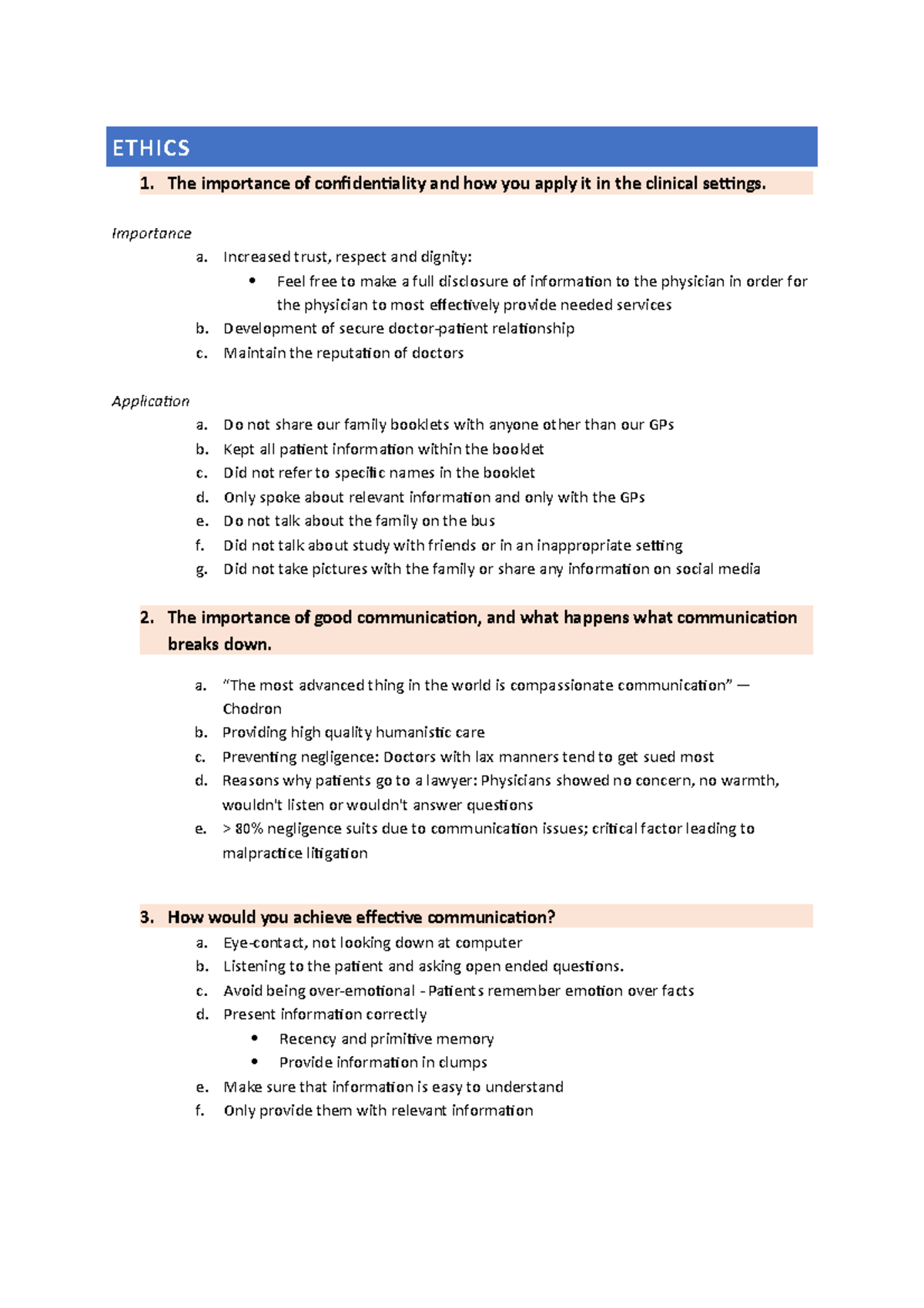 Ethics summary notes ETHICS 1. The importance of confidentiality and