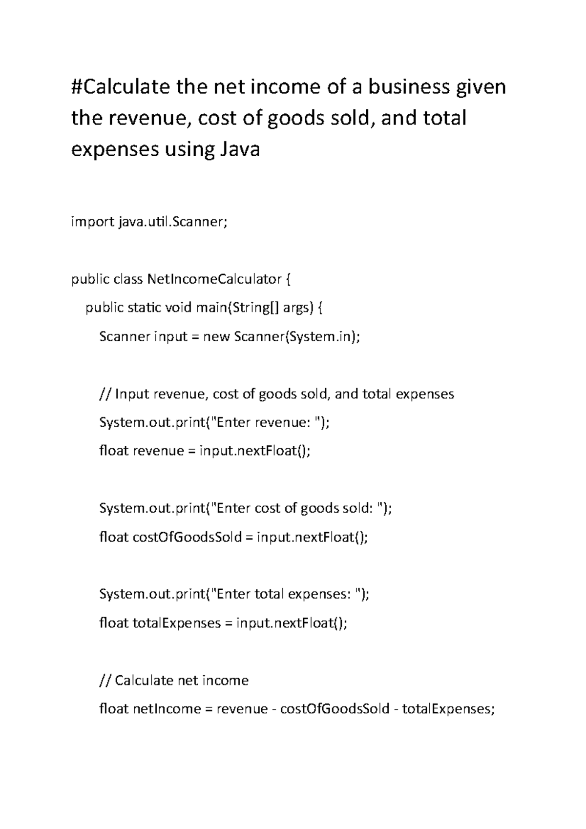 Business given the revenue java Calculate the net of a
