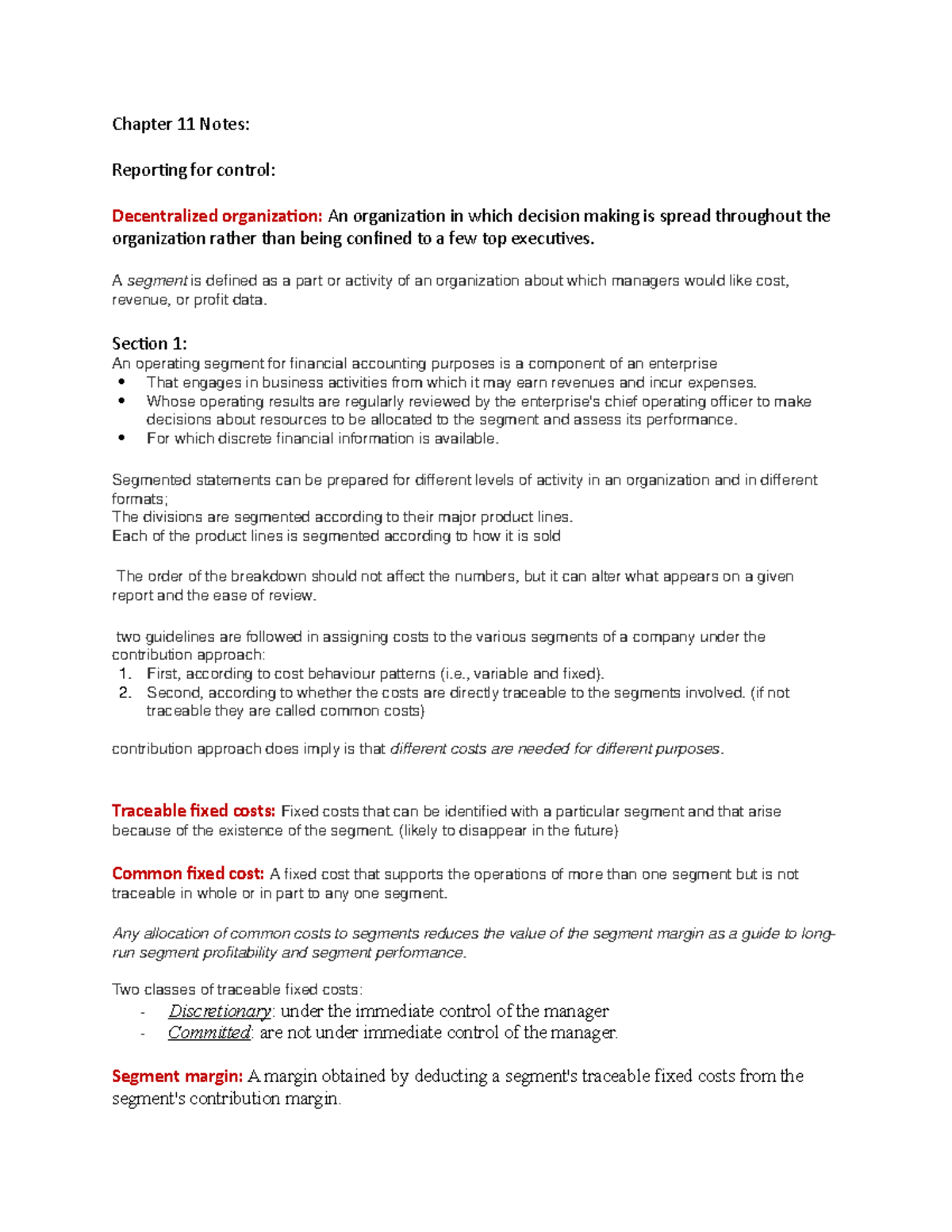 Chapter 11 Notes - Chapter 11 Notes: Reporting for control ...