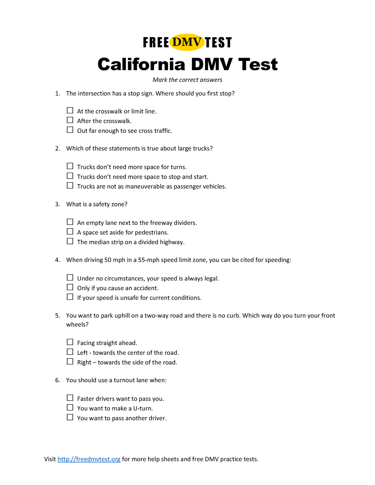 California dmv questions 1 California DMV Test Mark the correct