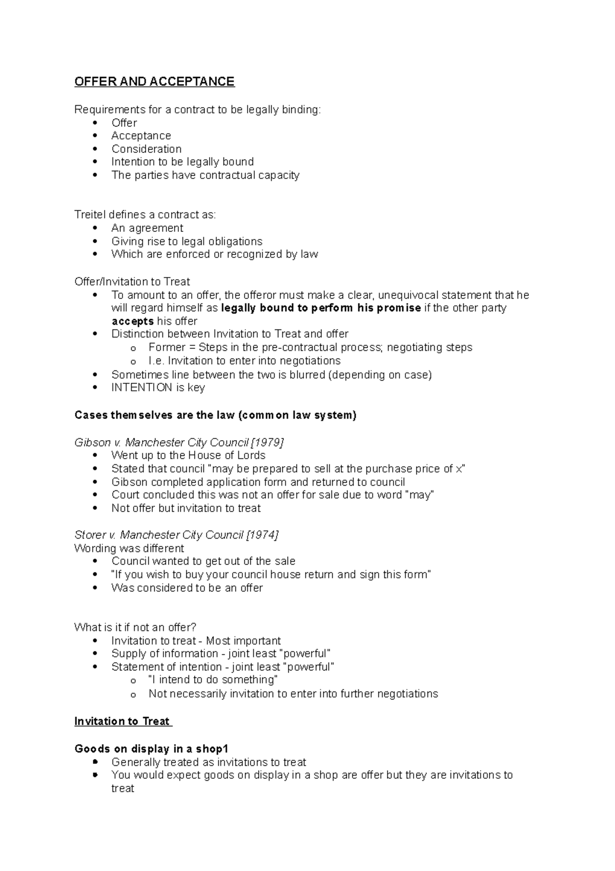 Notes studocu - OFFER AND ACCEPTANCE Requirements for a contract to be ...