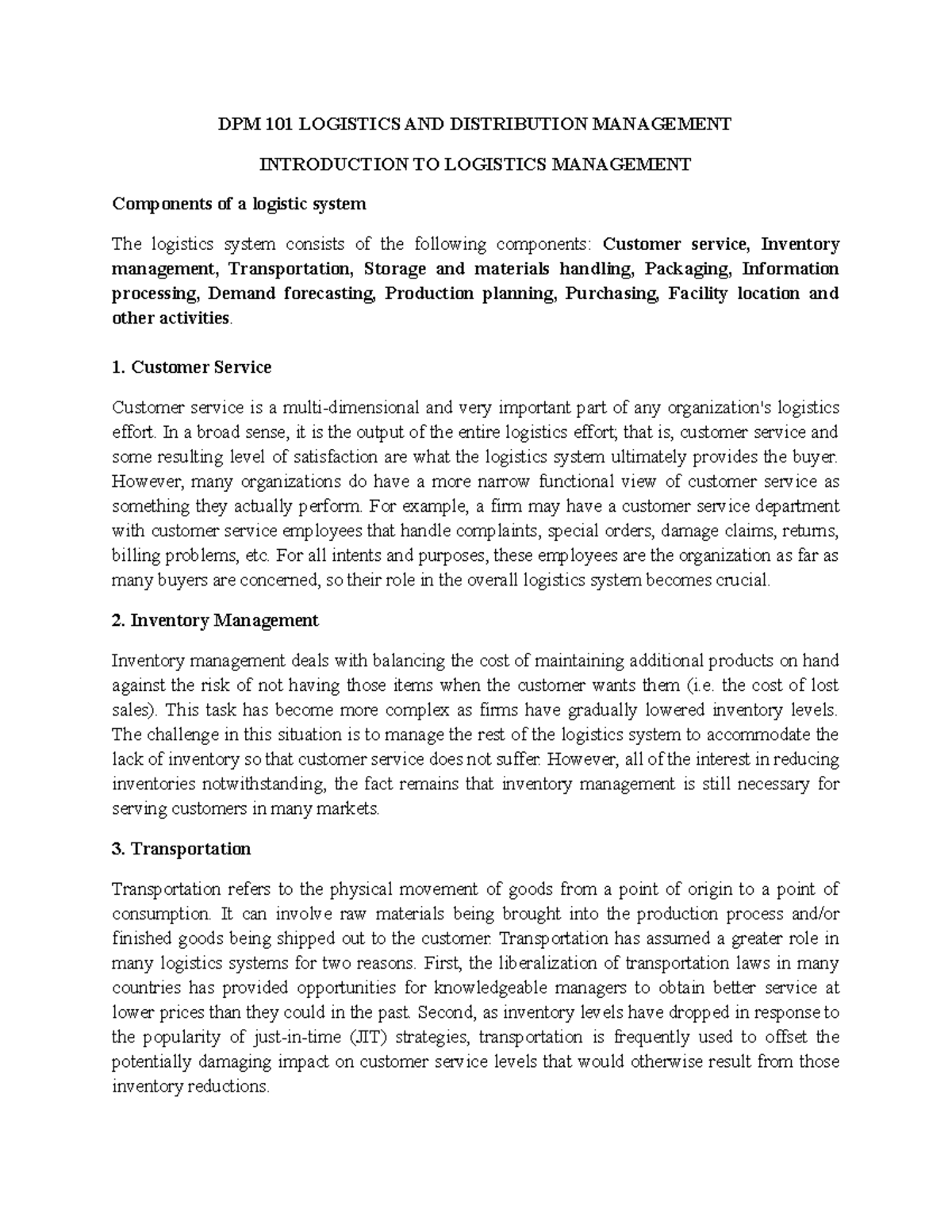 DPM 101 Logistics AND Distribution Management - DPM 101 LOGISTICS AND ...