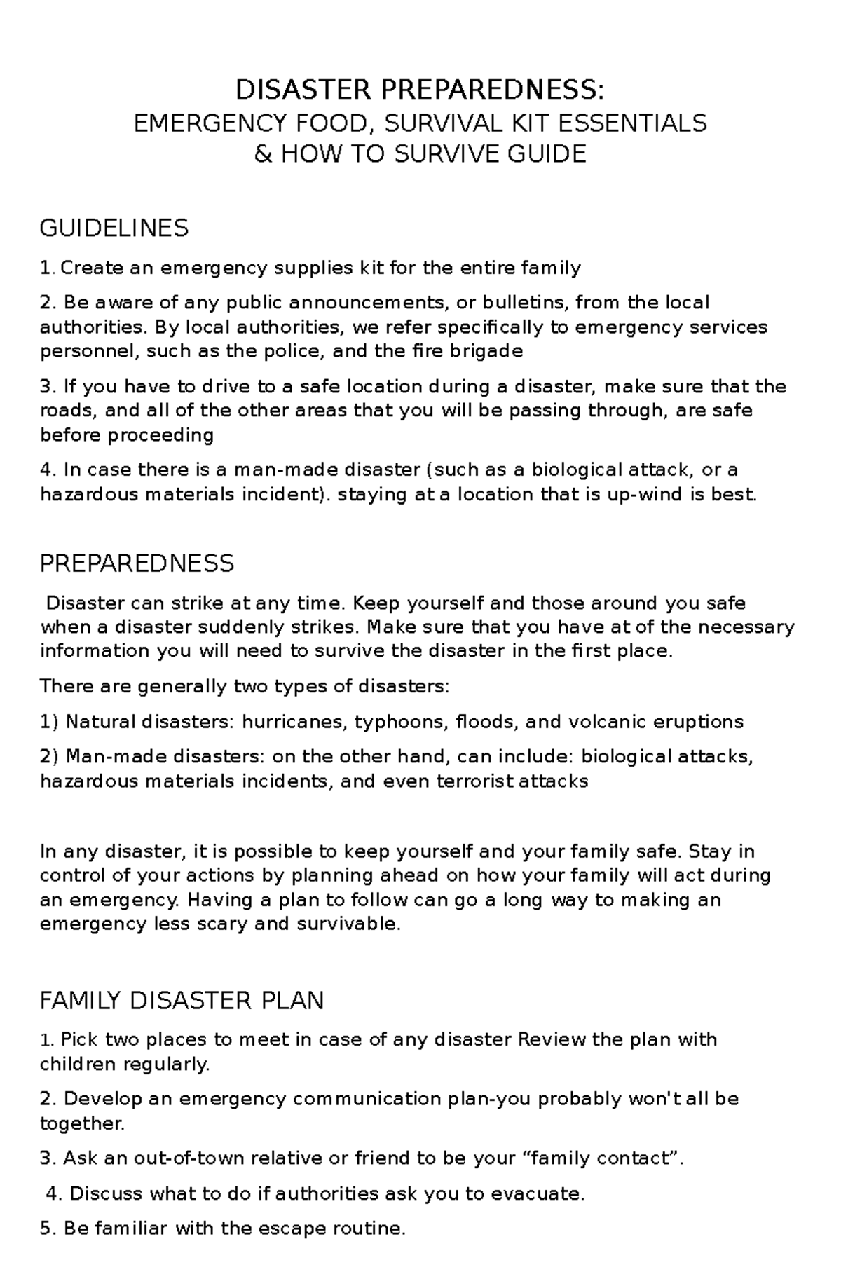 Disaster Preparedness Disaster Preparedness Emergency Food Survival