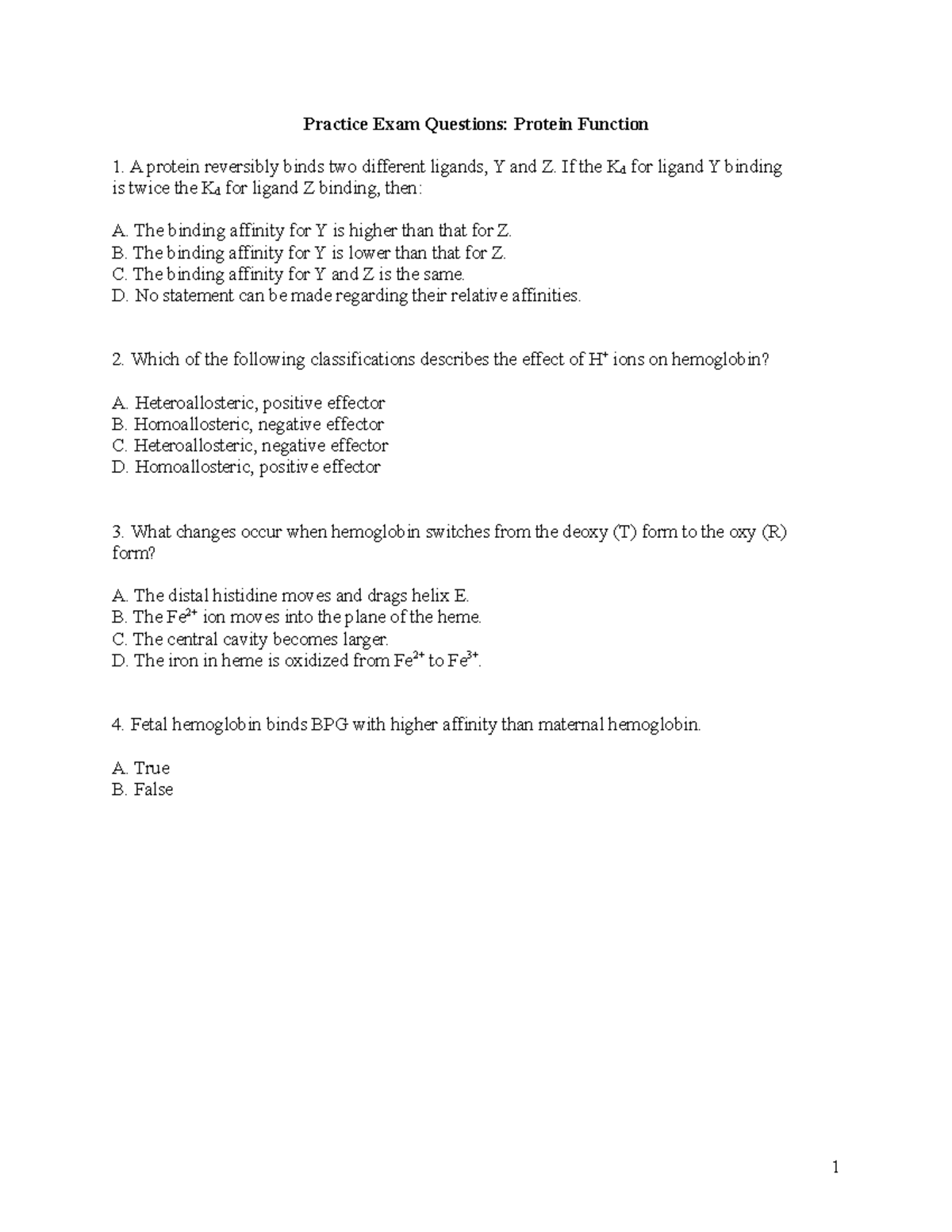 Protein Function MCQ Spring 2018 Practice Exam Questions Protein