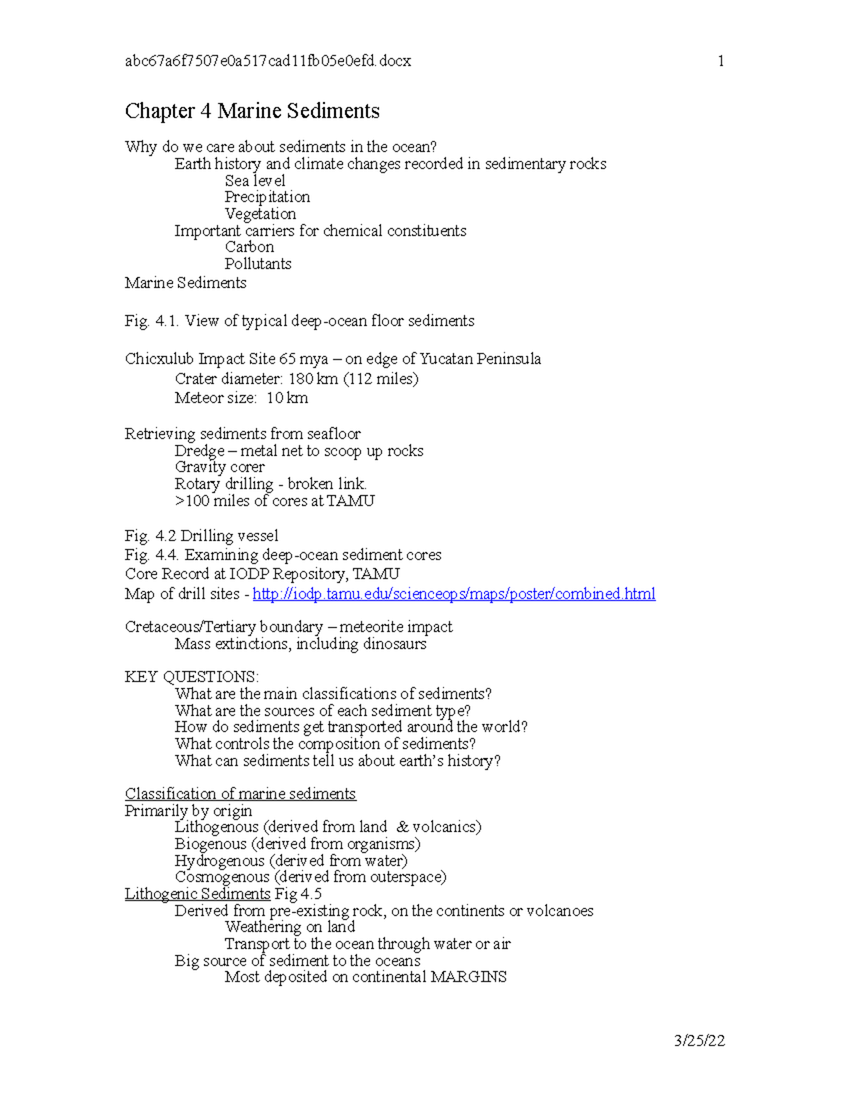4. Marine seds Outline S s19 - Chapter 4 Marine Sediments Why do we ...