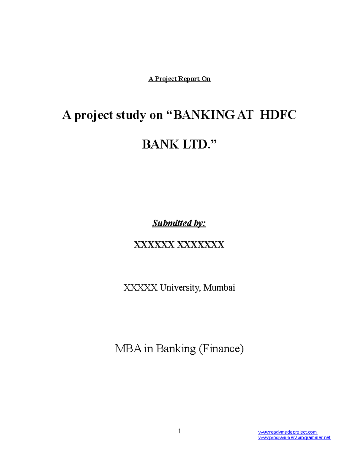 Mba Project Report On Hdfc Bank - A Project Report On A Project Study ...