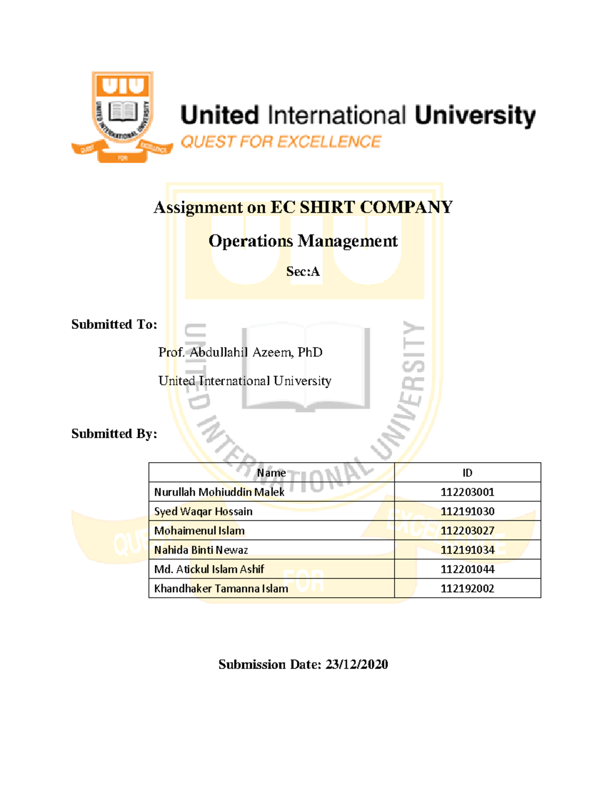OPM Assignment FALL 2020 - Assignment on EC SHIRT COMPANY Operations ...