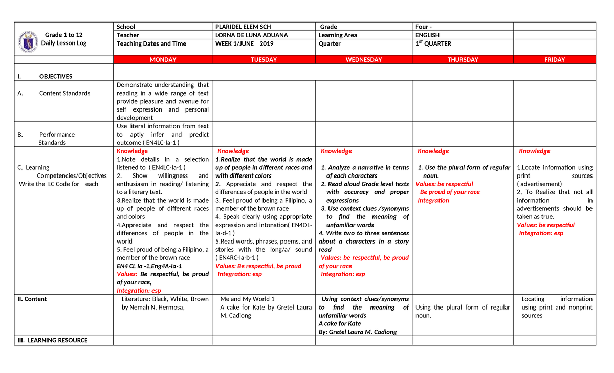 DLL English Quarter 1 WEEK 1-10 - Grade 1 to 12 Daily Lesson Log School ...