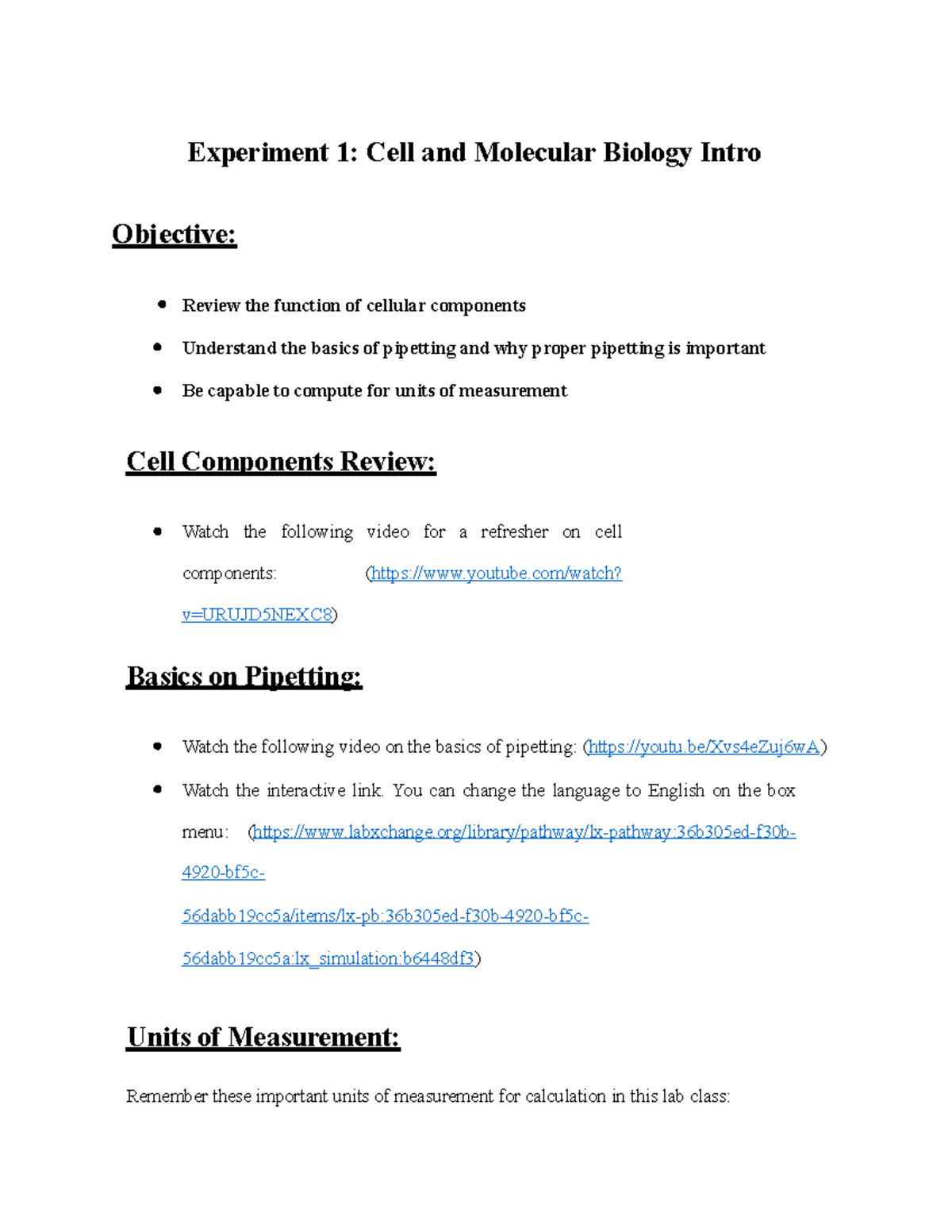 CMB Intro - Experiment 1: Cell and Molecular Biology Intro Objective ...