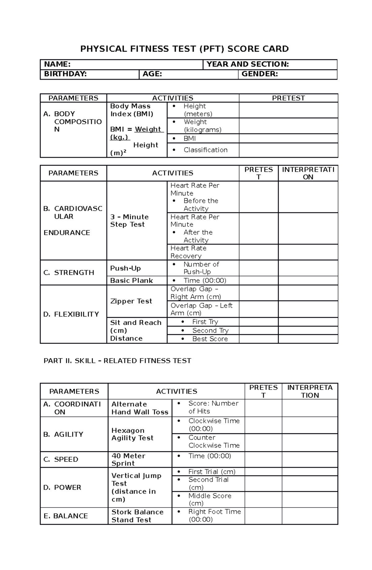 Physical Fitness Test Score Card Physical Fitness Test Pft Score Card Name Year And Section 