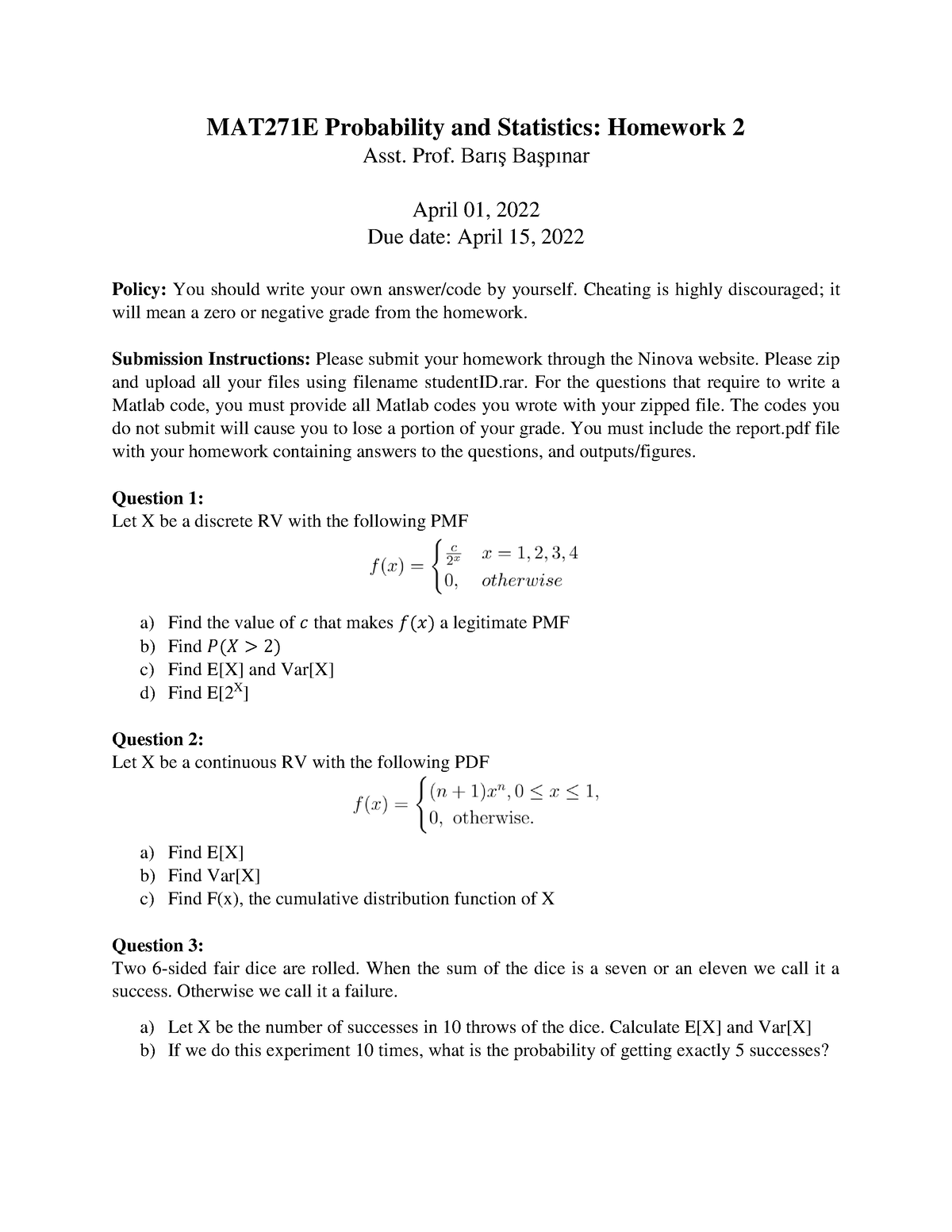 probability & statistics homework 2 theoretical probability