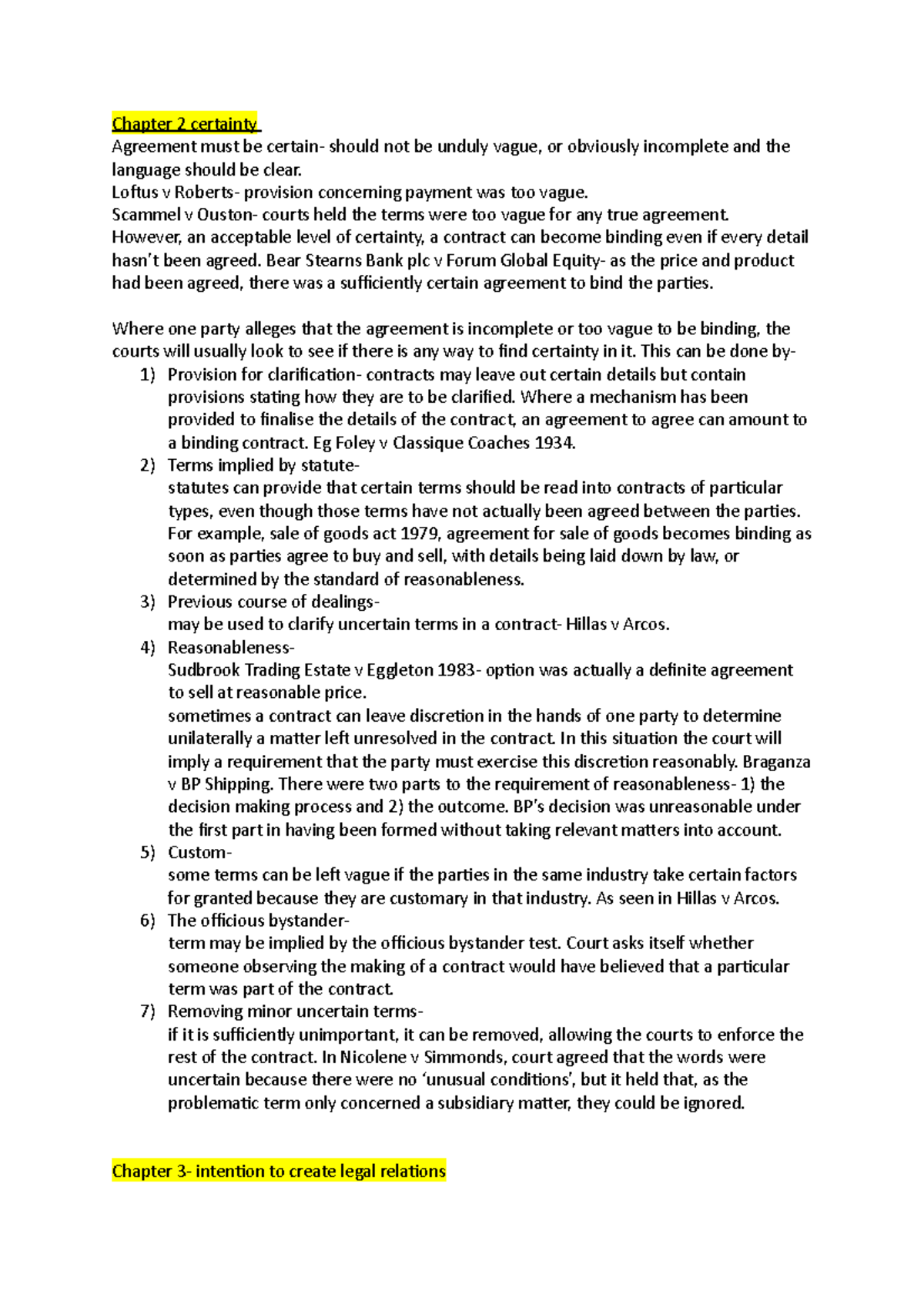 Chapter 2+3+4- certainty - Chapter 2 certainty Agreement must be ...