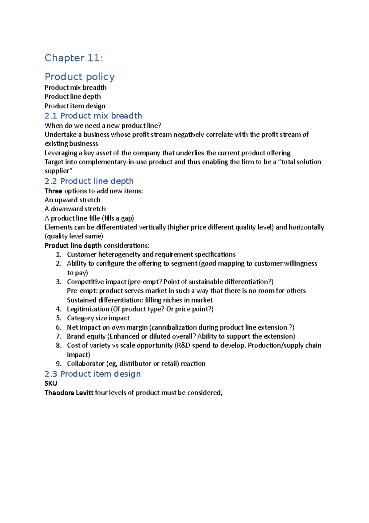 Post midterm summary - Chapter 11: Product policy Product mix breadth ...