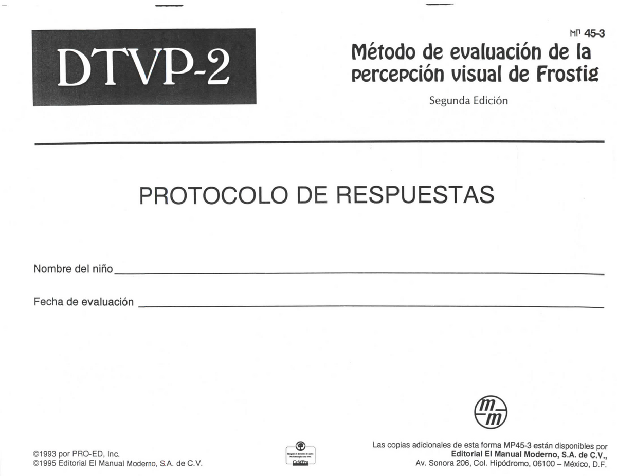 Frostig Protocolo Y Manual Mp45 3 Dtvp 2 • Método De Evaluación De La Percepción Visual De 8098