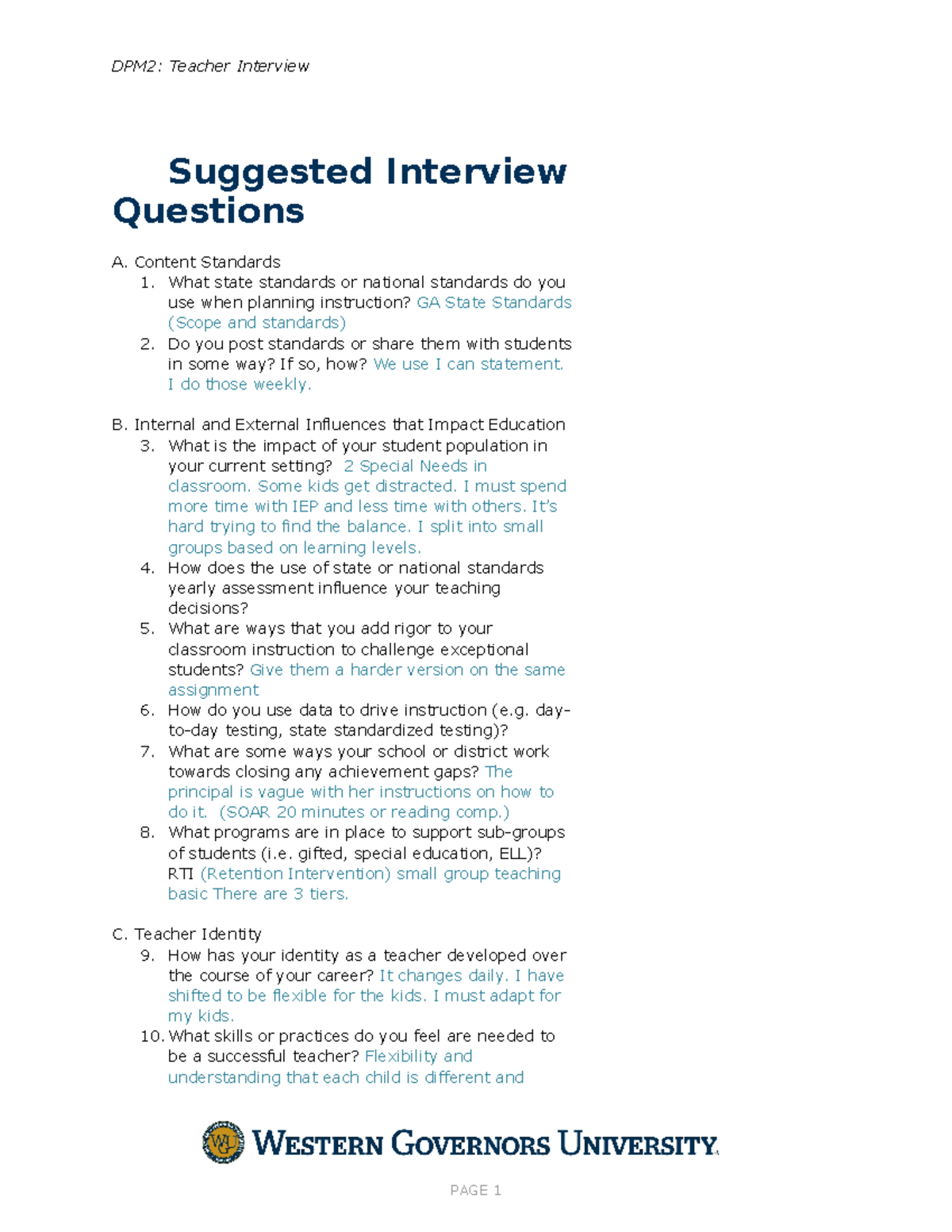 Completed Interview Questions - DPM2: Teacher Interview Suggested ...