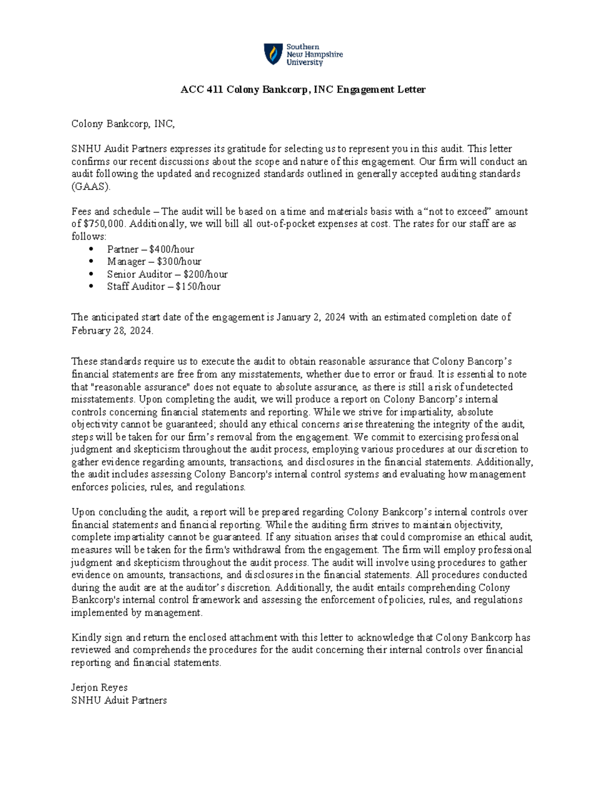 ACC 411 Project One Engagement Letter - ACC 411 Colony Bankcorp, INC ...