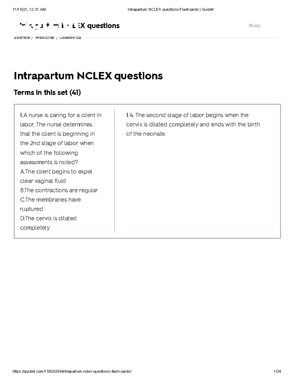 MCN Quizlet Reviewer Merged Upgrade 1 Intrapartum NCLEX questions