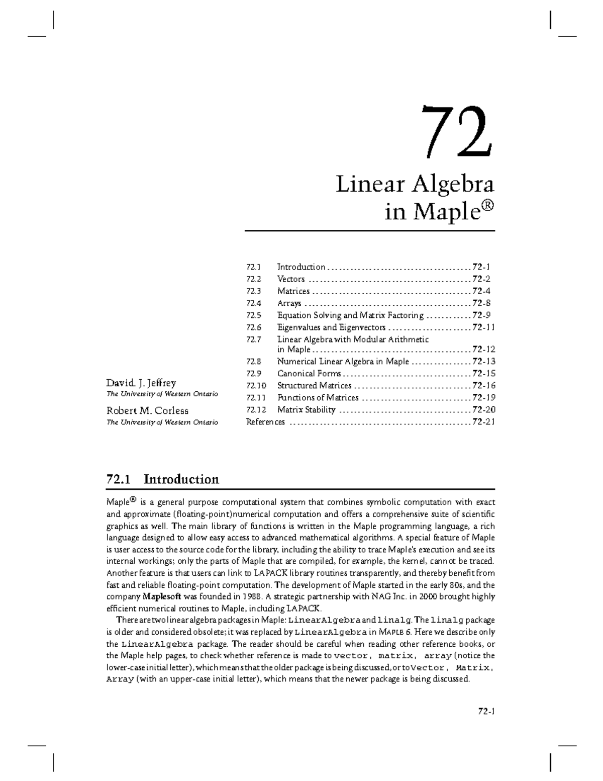 C5106 C072 - Maple - 72 Linear Algebra in Maple ® David. J. Jeffrey The ...