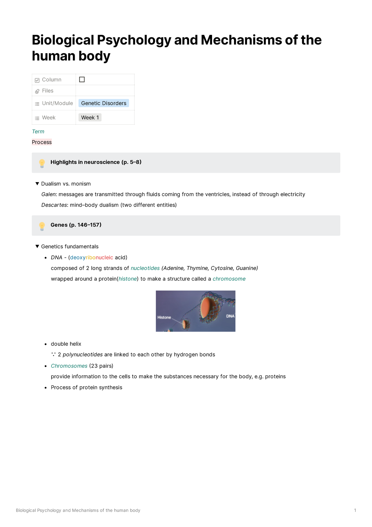 W1 - Week 1 Summary - Biological Psychology and Mechanisms of the human ...