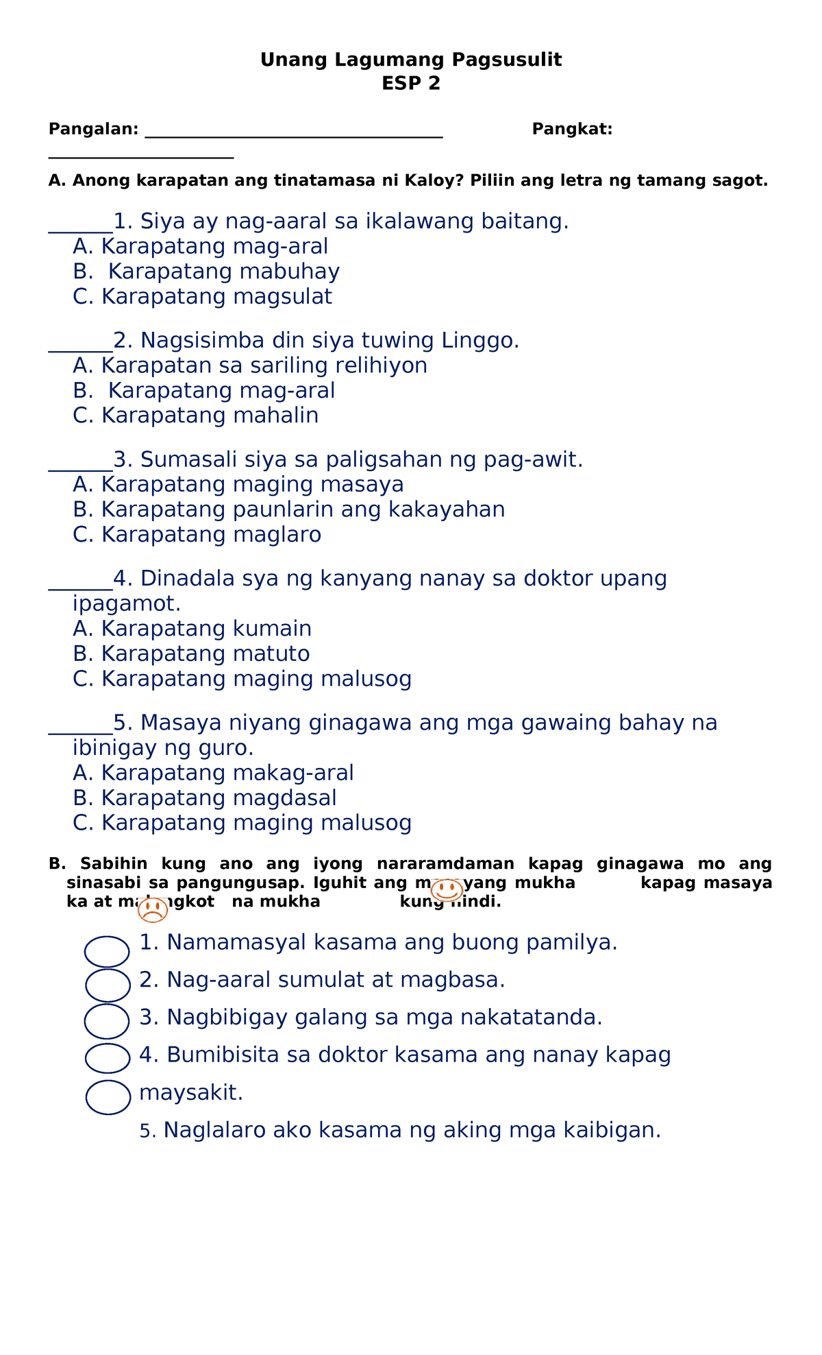 Unang Lagumang Pagsusulit Esp Q3 - Unang Lagumang Pagsusulit ESP 2 ...