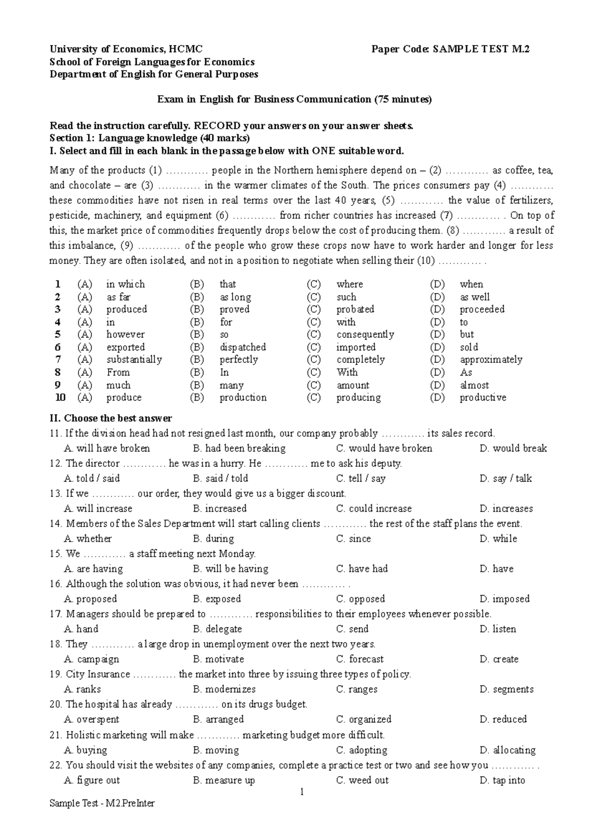 Sample Test M2 Pre Inter - University of Economics, HCMC Paper Code ...