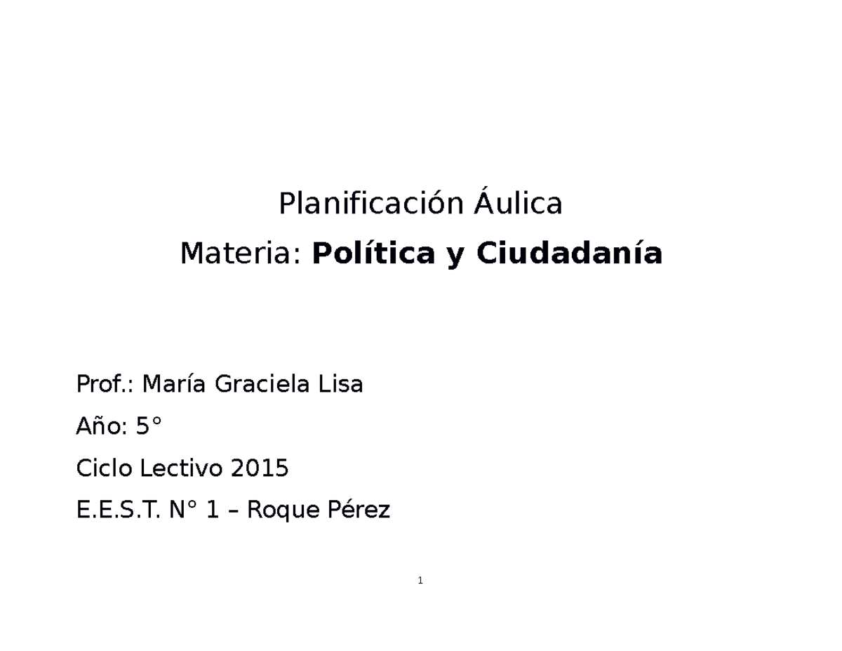 Planif política y ciudadanía 5º - Planificación Áulica Materia