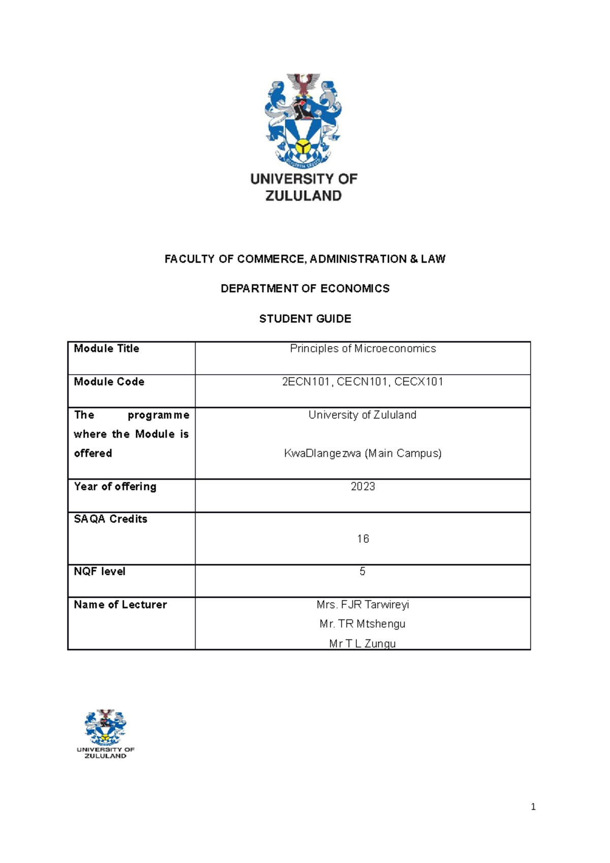 Principles of Microeconomics Student Guide 2023 - FACULTY OF COMMERCE ...