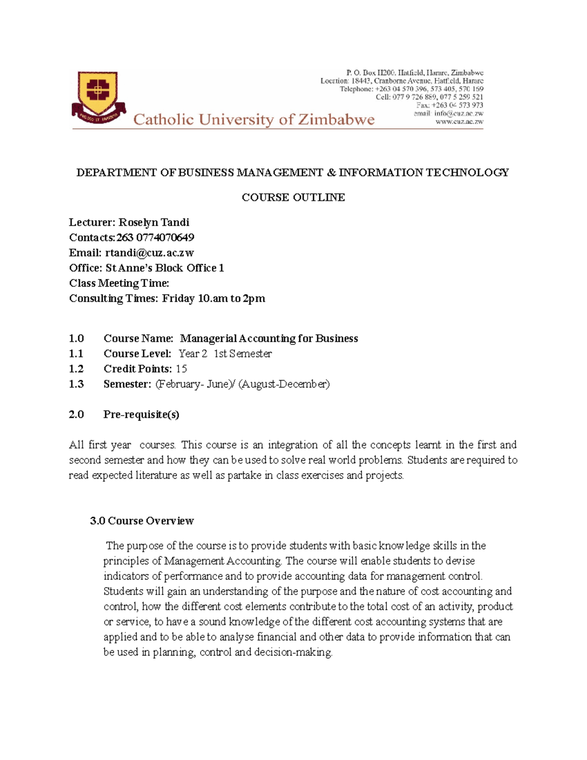 MBKs Zimcats 2 Template Managerial Accounting FOR Business - DEPARTMENT ...
