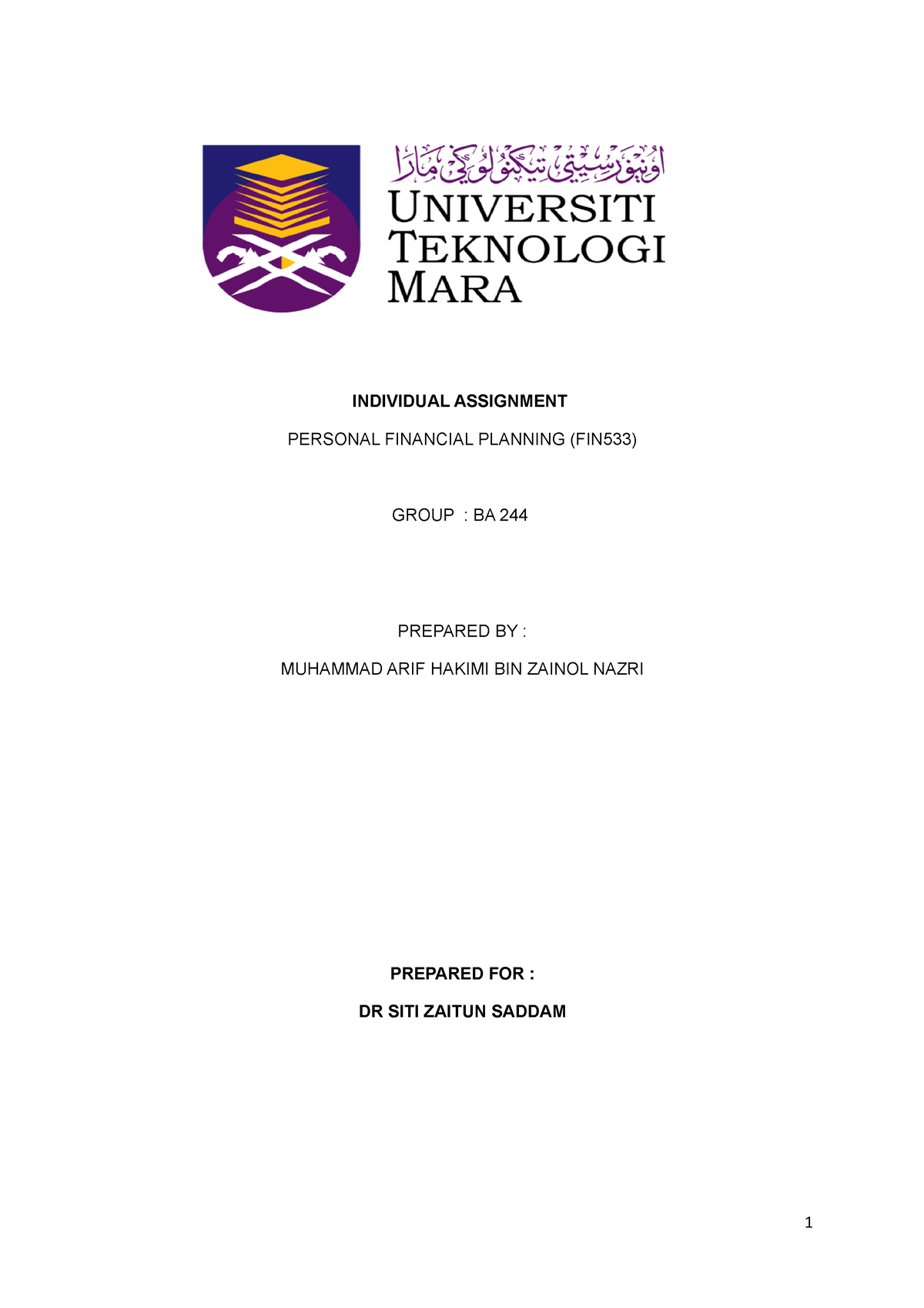 Individual Assignment Fin 533 ARIP - INDIVIDUAL ASSIGNMENT PERSONAL ...