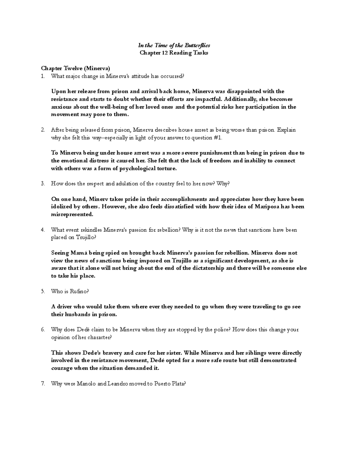 Butterflies 12 reading tasks In the Time of the Butterflies Chapter