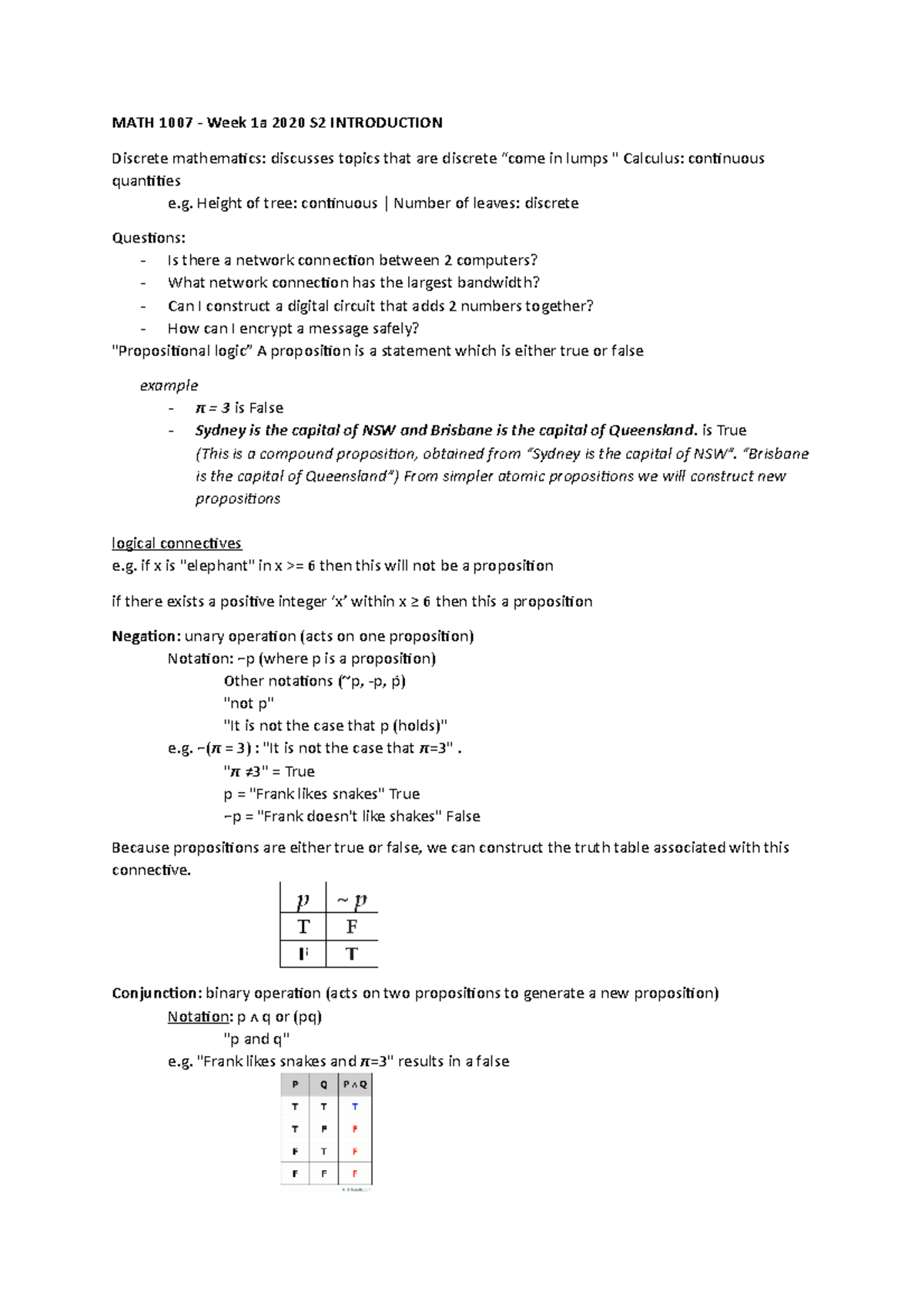 Week 1 Logic 1 Notes T Math 1007 Week 1a S2 Introduction Discrete Mathematics Studocu