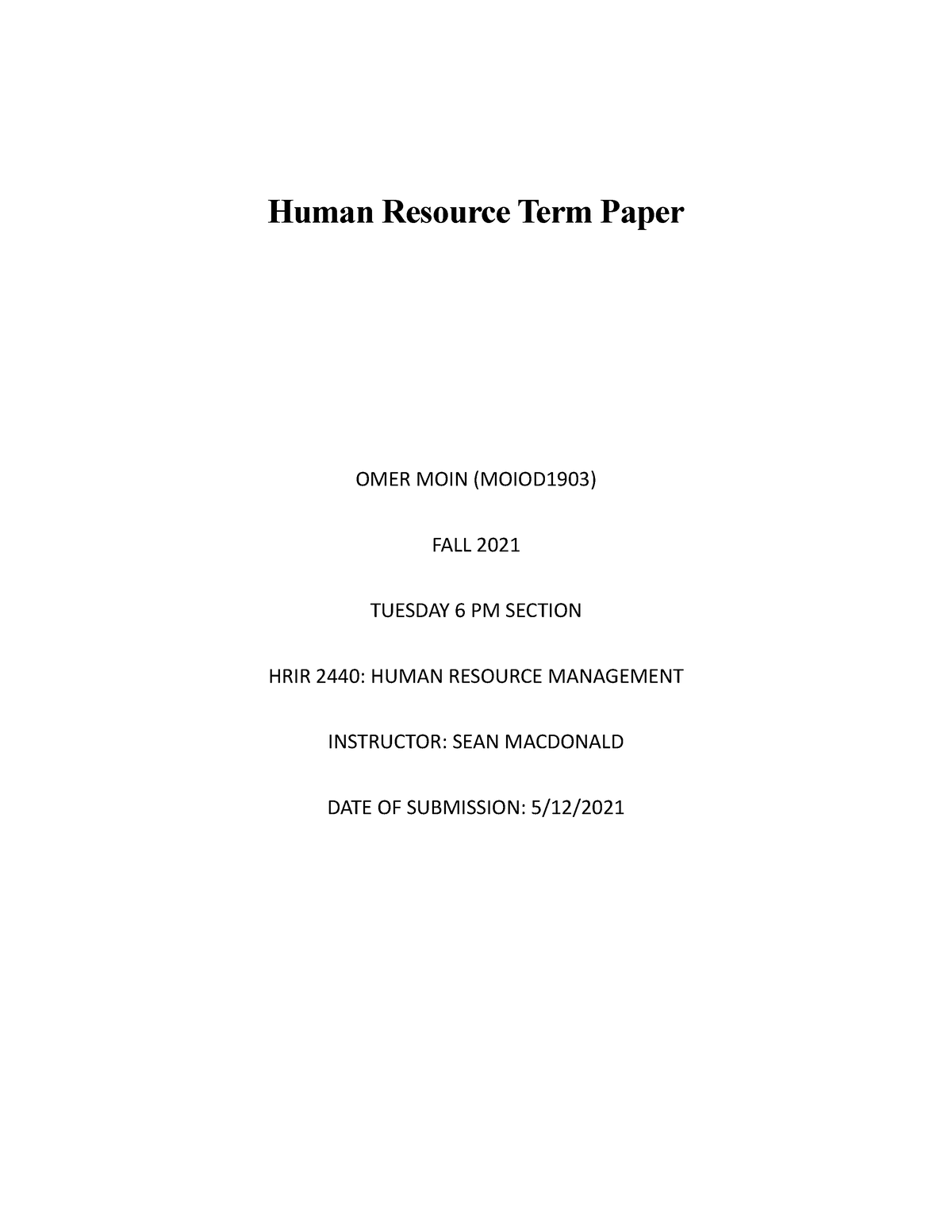 term paper on human resource management pdf