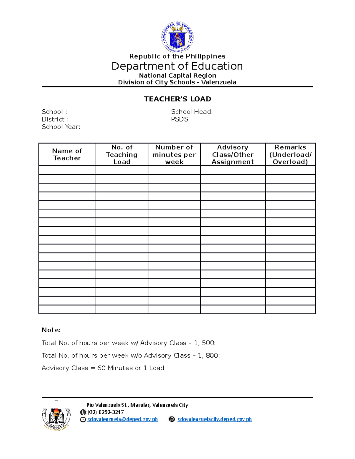 Teachers Load Teachers Load Republic Of The Philippines Department 