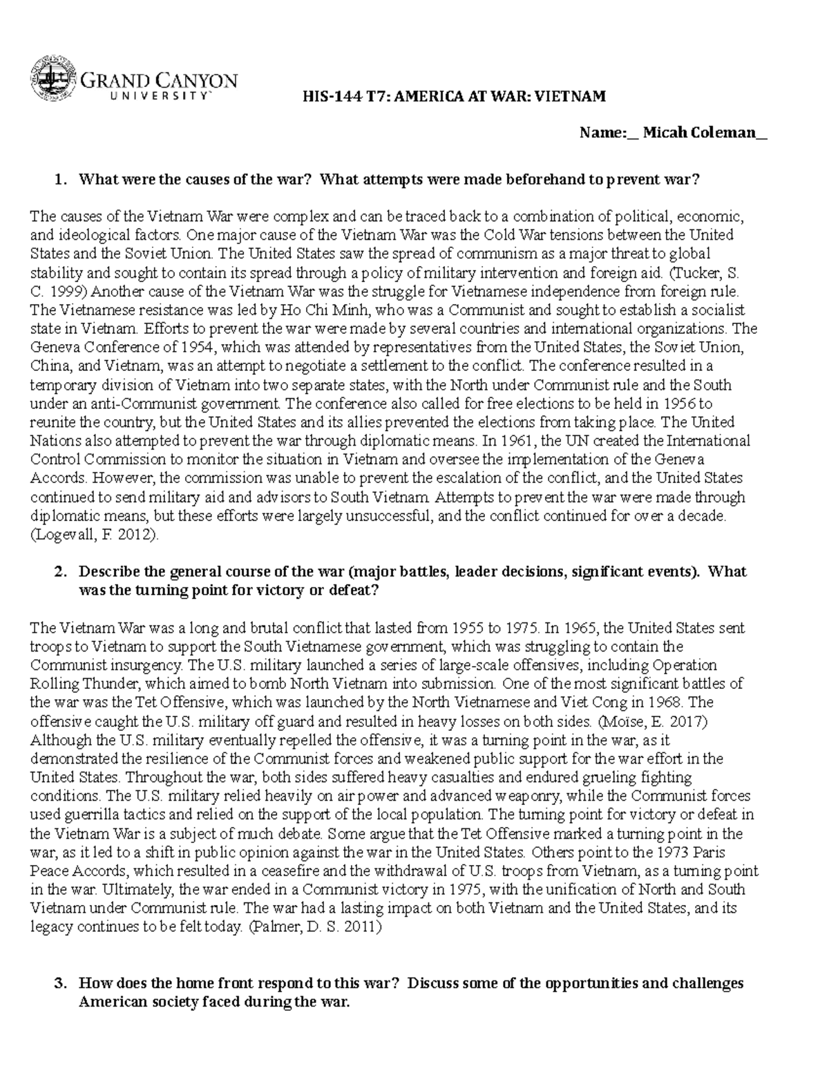 HIS144T7.America at HIS144 T7 AMERICA AT WAR VIETNAM Name