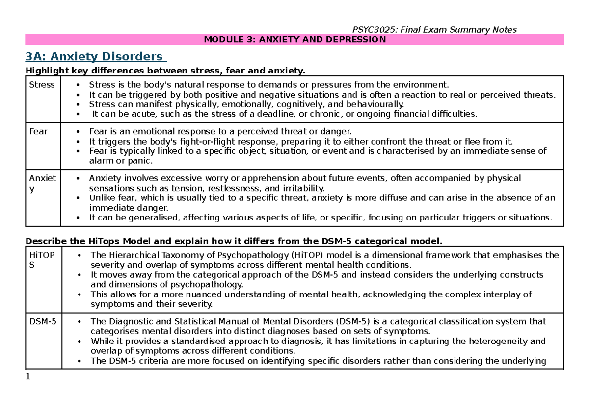 Final Exam Summary - MODULE 3: ANXIETY AND DEPRESSION 3A: Anxiety ...