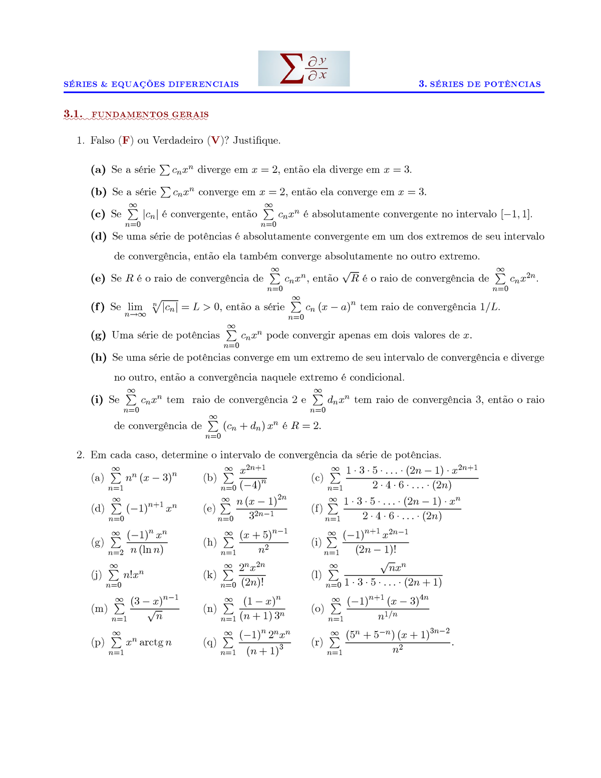 Series Pot Lista De Exercicios De Calculo S Equaes