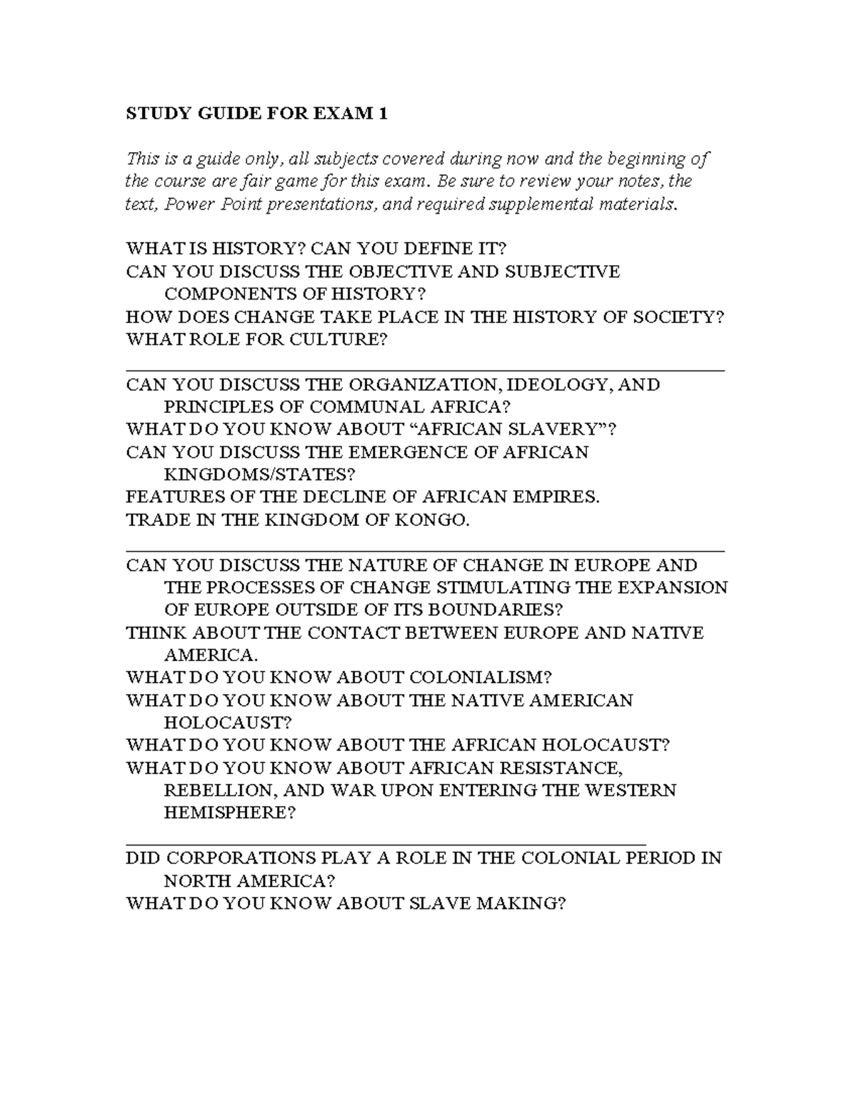 Study Guide FOR EXAM 1 - STUDY GUIDE FOR EXAM 1 This is a guide only ...