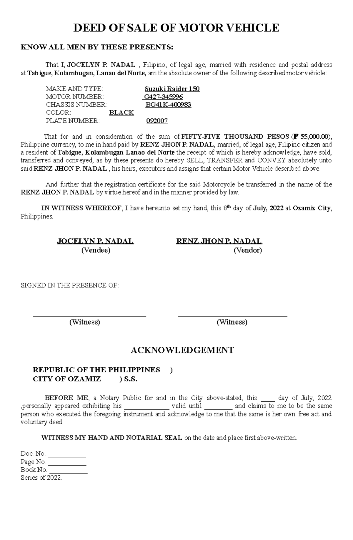Deed of sale of motor vehicle deed of sale of motor vehicle know all
