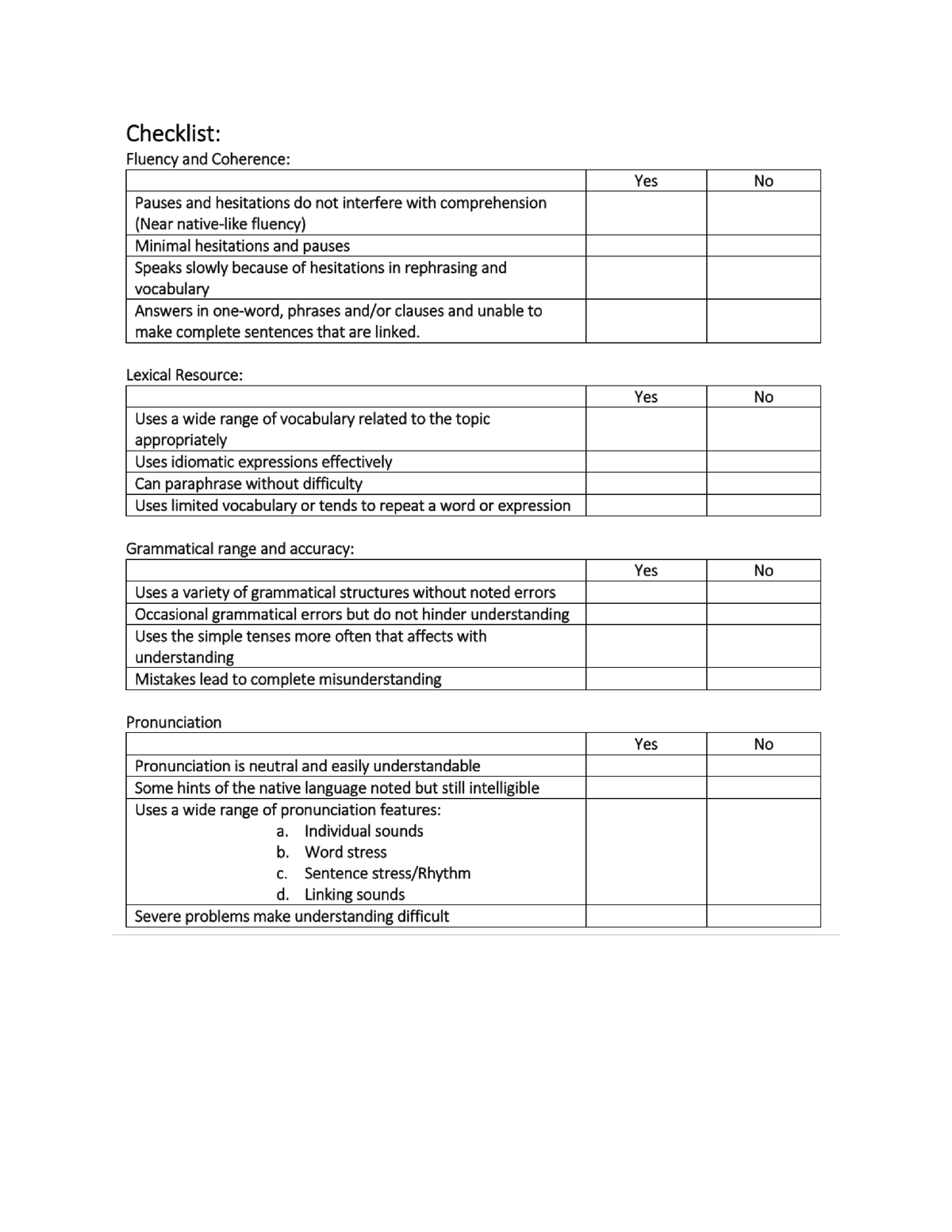 Speaking Checklist - Good - Intensive English - Studocu