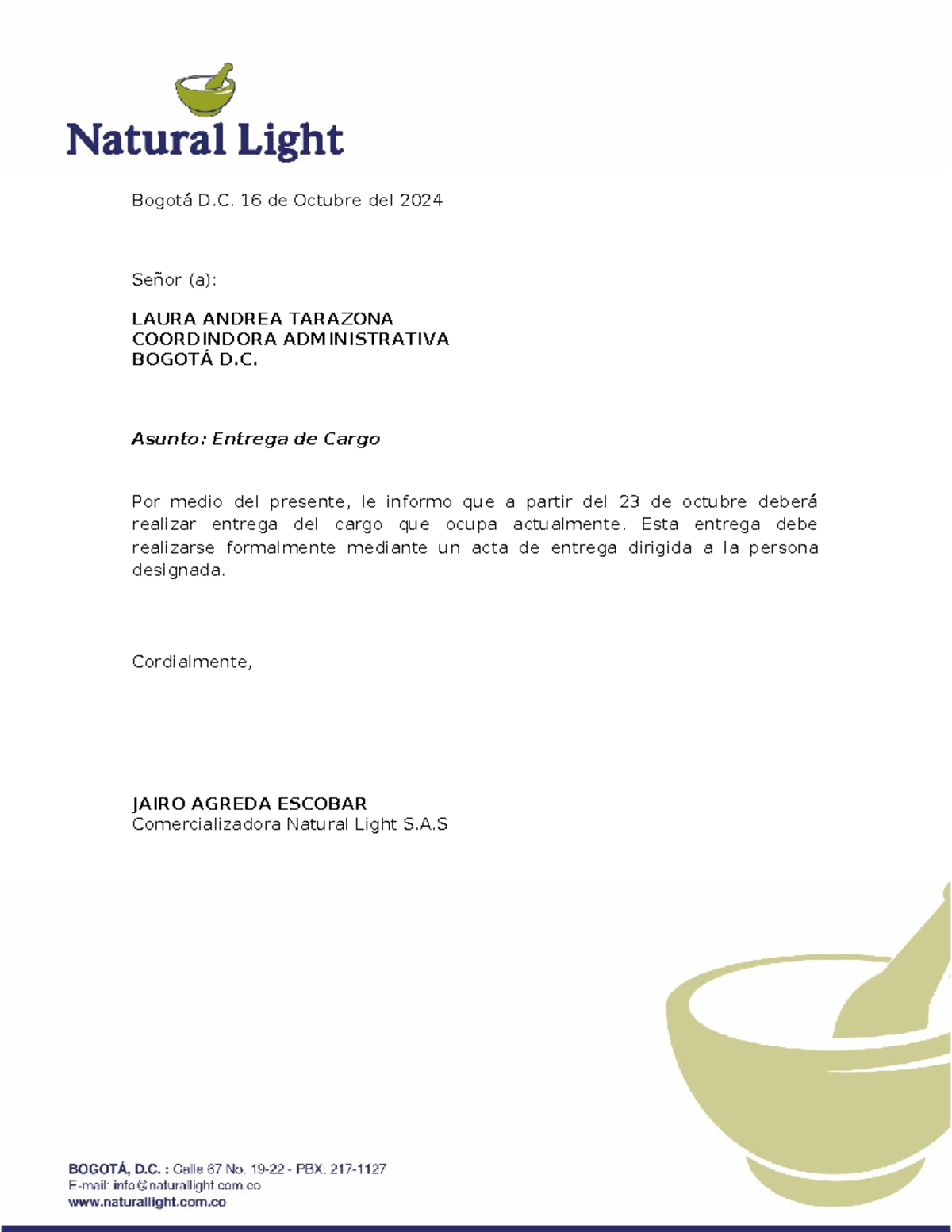 Carta - Entrega DE Cargo - bse phsyical education+ - Bogotá D. 16 de ...