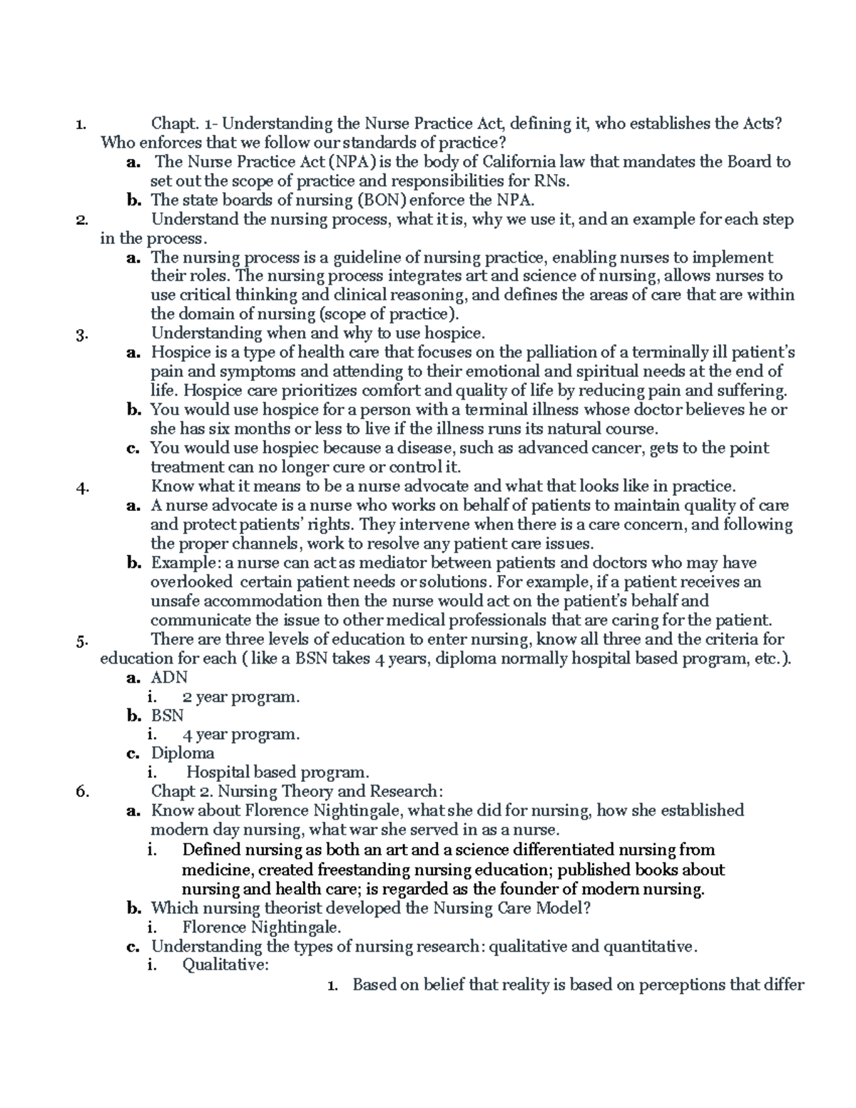 Nursing Concepts Exam 1 Study Guide Chapters 1-7 - Chapt. 1 ...