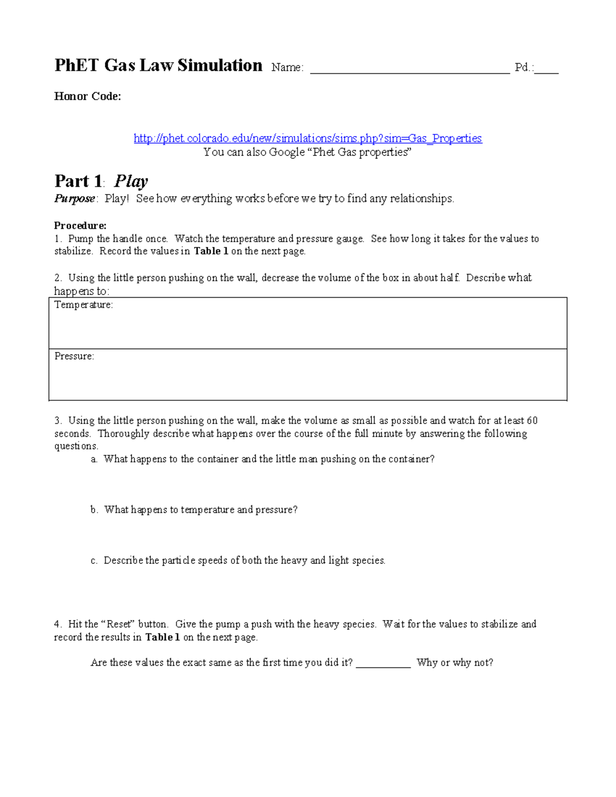 PHet Gas Law Simulation PhET Gas Law Simulation Name